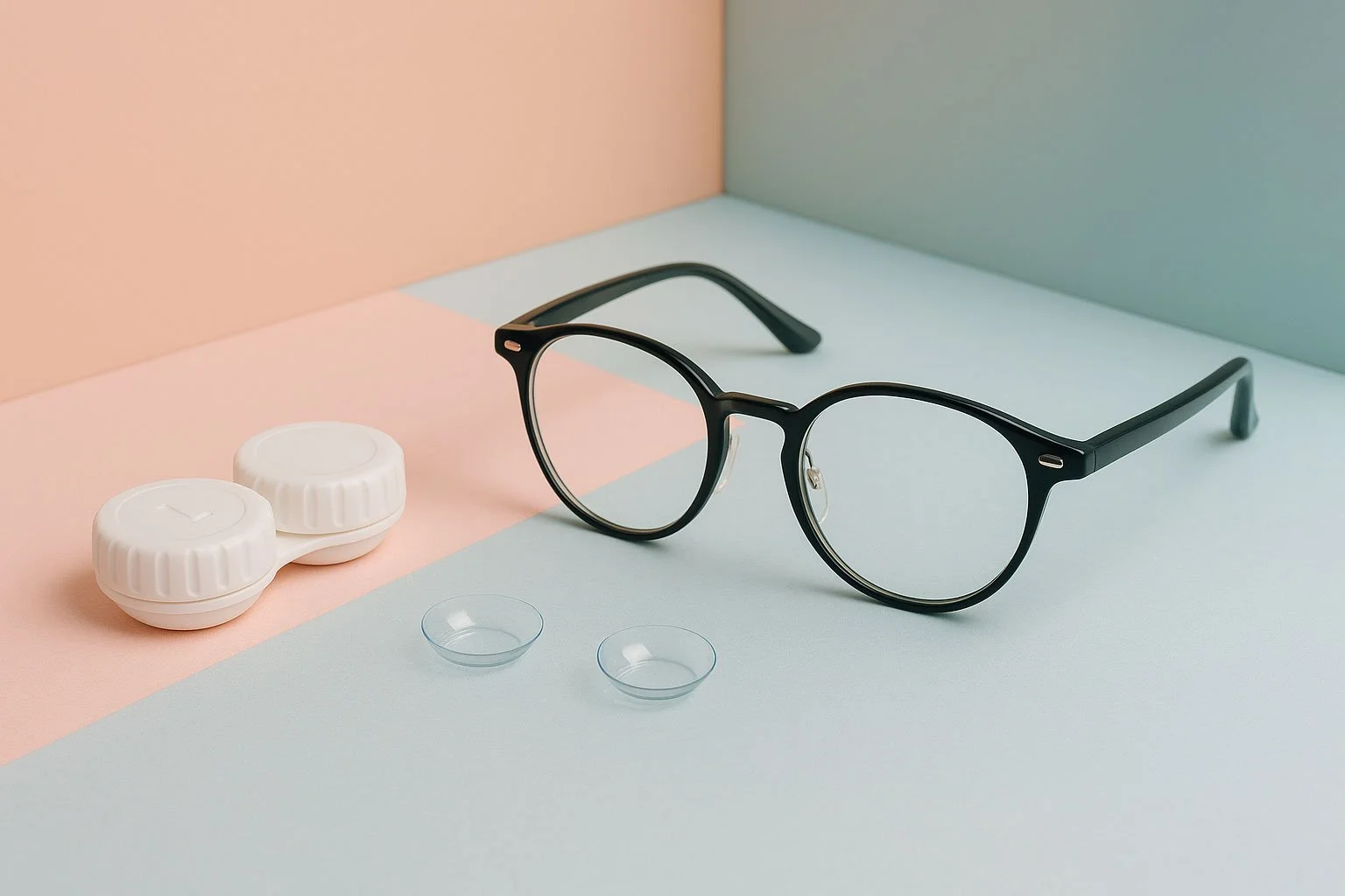 Kontaktlinsen mit weißem Linsenbehälter und eine schwarze Brille