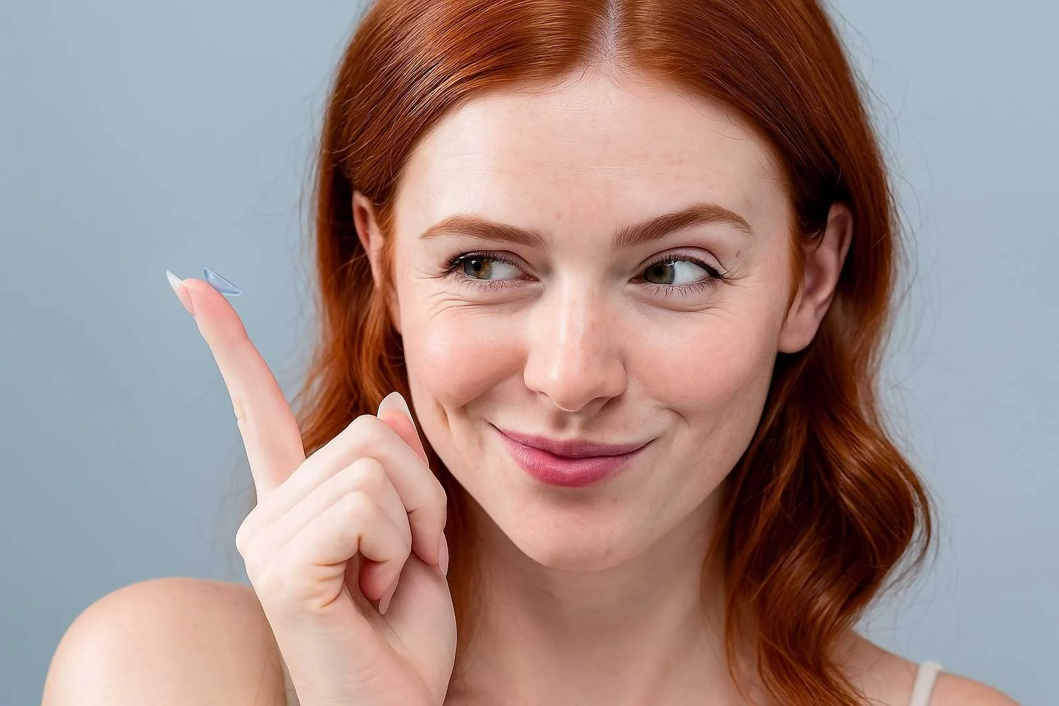 Junge Frau mit roten Haaren hält eine transparente Kontaktlinse auf der Fingerspitze
