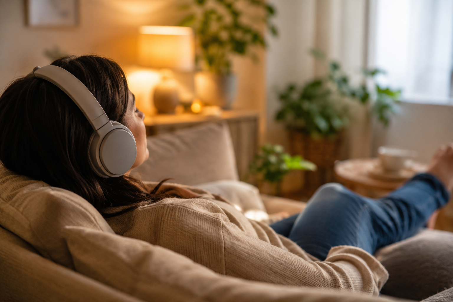 Mujer relajada con auriculares en su sofá durante una sesión de hipnosis de trance profundo online