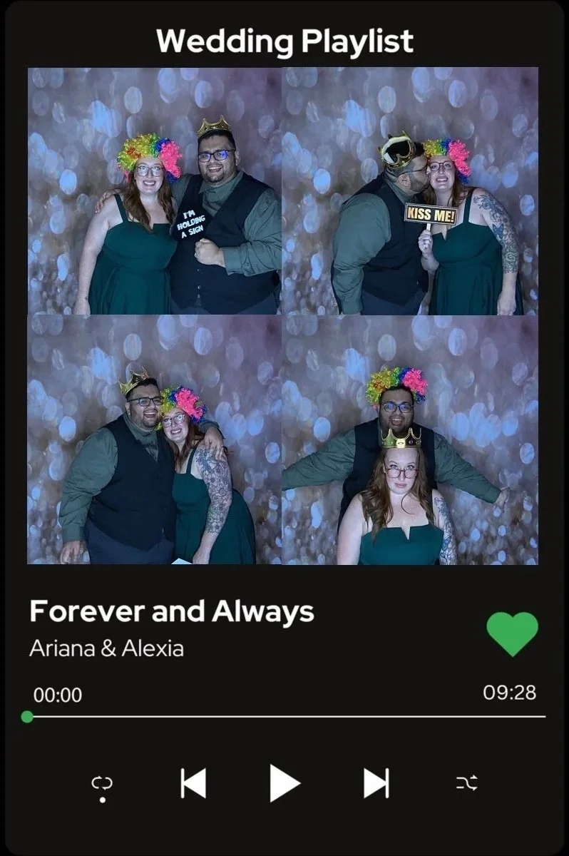 Photo booth screen with four photos of a couple at a wedding, titled 'Wedding Playlist'. The couple wears party accessories like a crown, a feathered headpiece, and a 'Kiss Me!' sign, and they are seen posing and kissing against a bokeh background. T