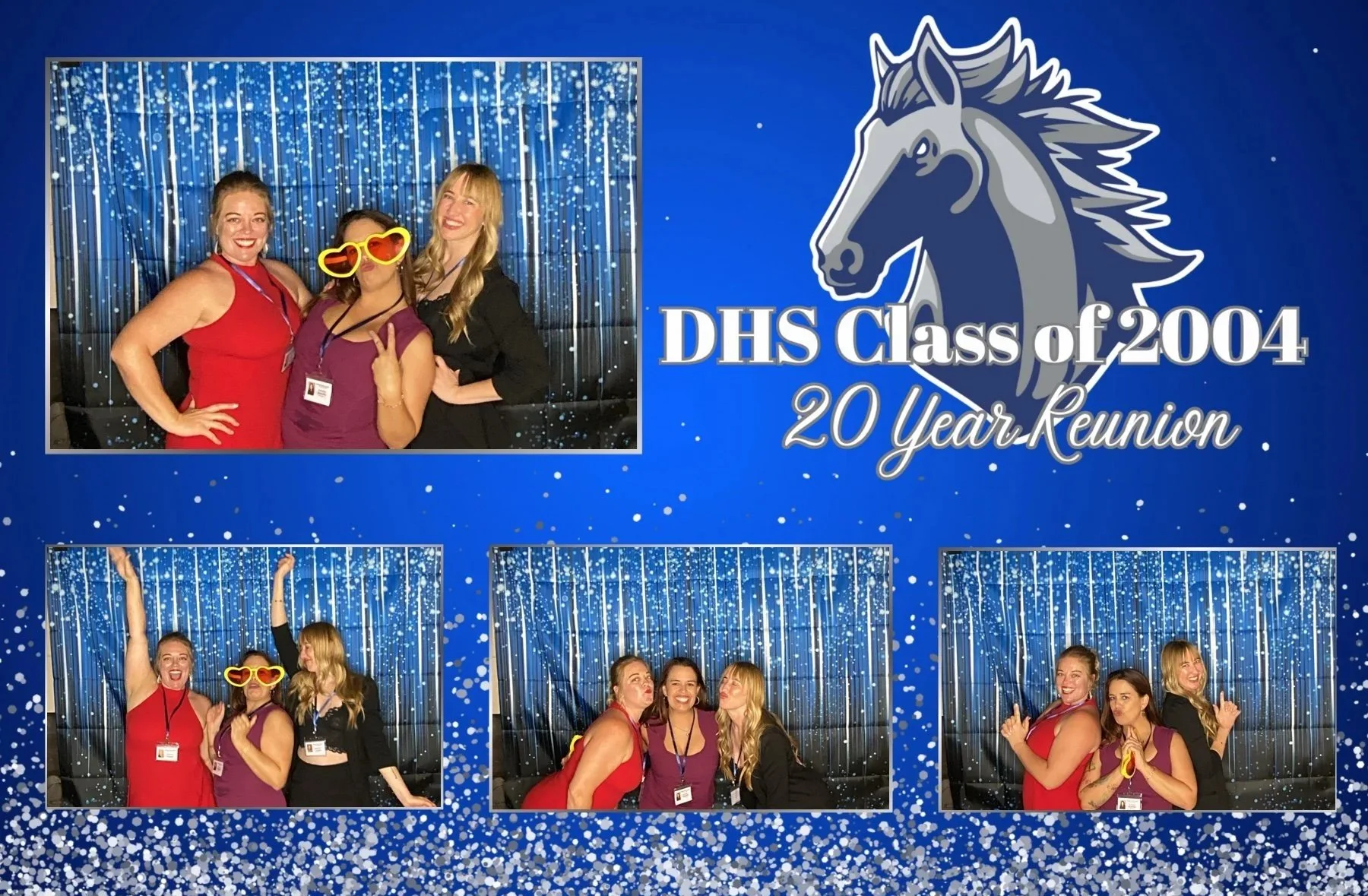 Four women at a 20-year reunion for DHS Class of 2004, with three photos showing different poses, set against a blue, glittery background with the text and logo of the reunion.