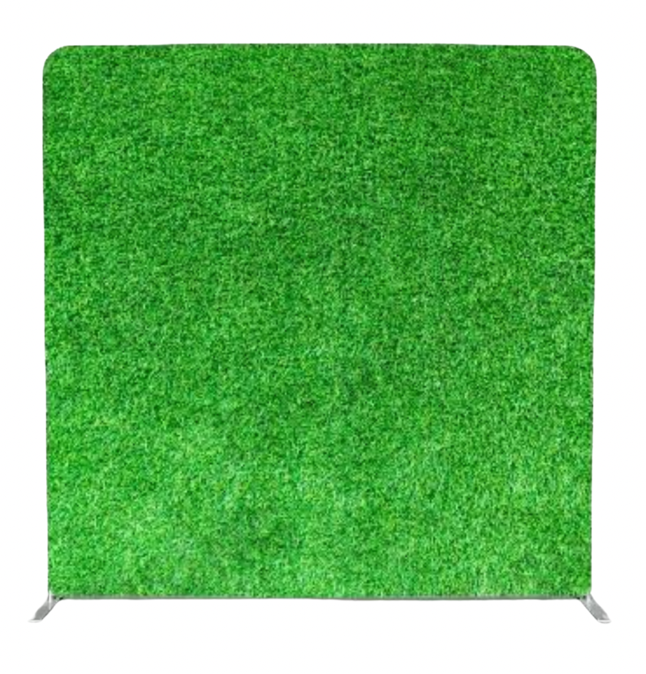 Green artificial turf or carpeted panel with small metal feet on the bottom corners.