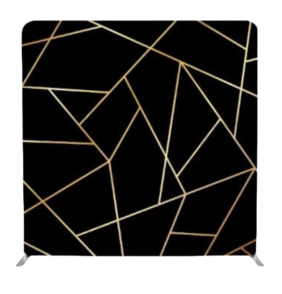 Black and gold geometric pattern on a backdrop with thin lines forming irregular shapes.