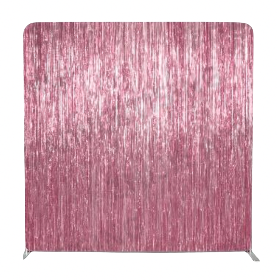 Pink textured curtain or backdrop with vertical lines.