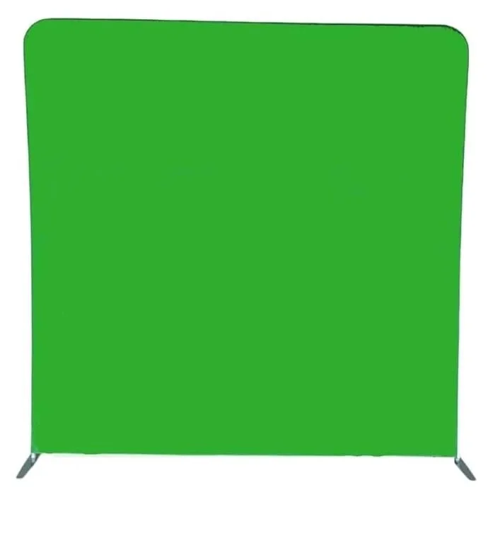 Green fabric privacy backdrop with metal stands on either side.