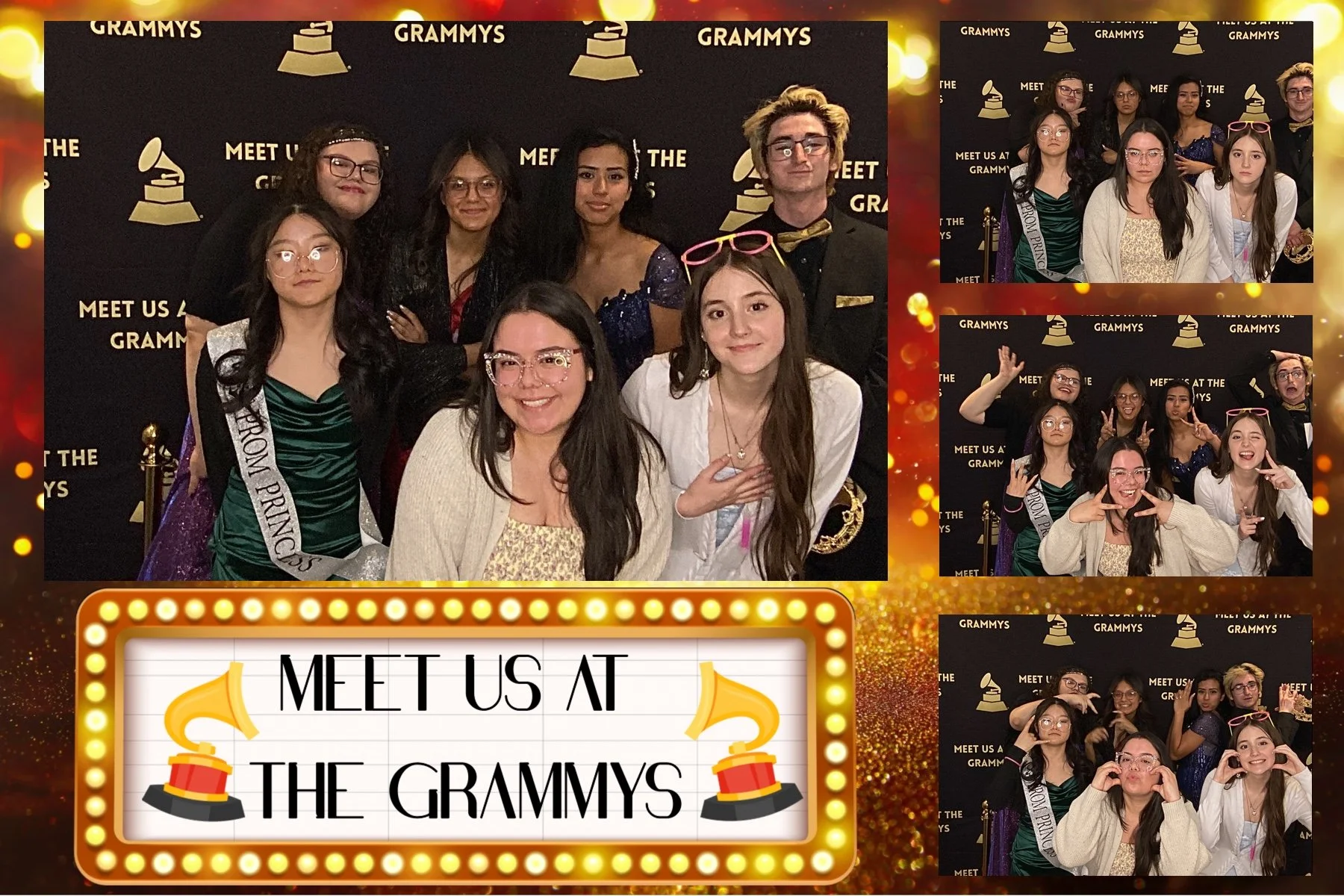 Group of people at the Grammy Awards event, posing in front of a black backdrop with the Grammy logo and text. There are four different photos showing them smiling, making faces, and celebrating. A graphic at the bottom says 'MEET US AT THE GRAMMYS'