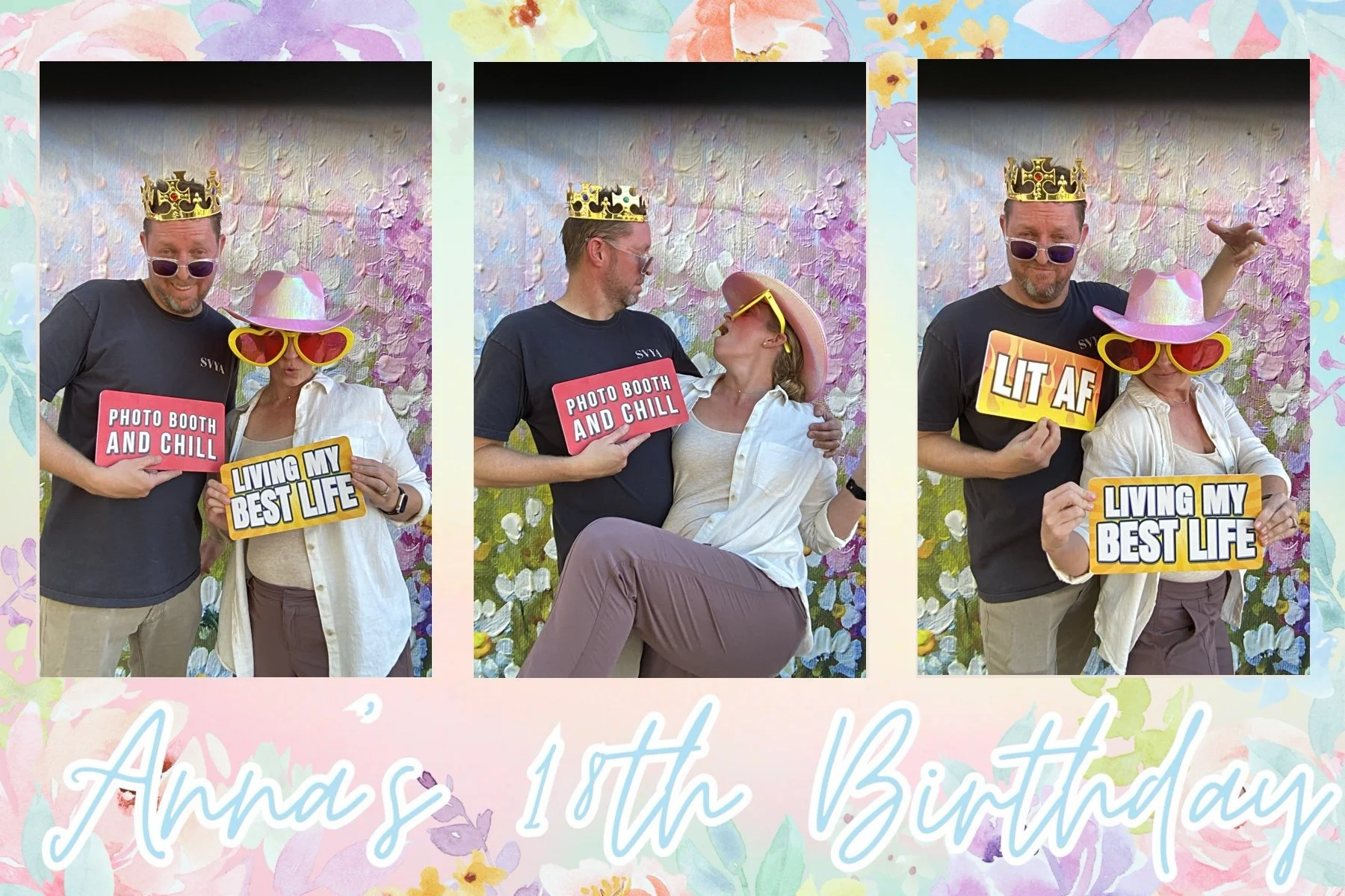 Three side-by-side photos of a man and woman celebrating Arna's 10th birthday in a photo booth. They wear fun accessories: a crown and sunglasses, large flower-shaped glasses, and a cowboy hat. They hold signs with phrases like 'Photo Booth and Chill