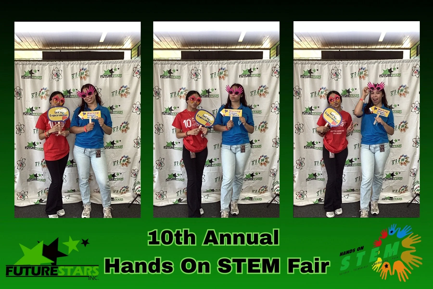 Photobooth pictures of two women wearing colorful glasses and holding signs that say 'Let's Experiment' and 'Warning! Genius at Work' at the 10th Annual Hands On STEM Fair, with a backdrop featuring STEM-themed logos and graphics.