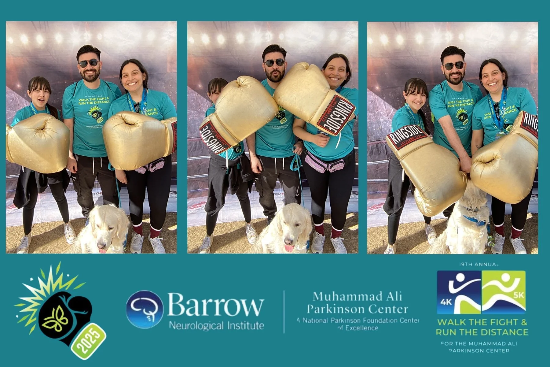 Three people and a dog participate in a charity event for Muhammad Ali Parkinson Center, wearing teal shirts and holding large gold boxing glove props, with a banner displaying event details and sponsors.