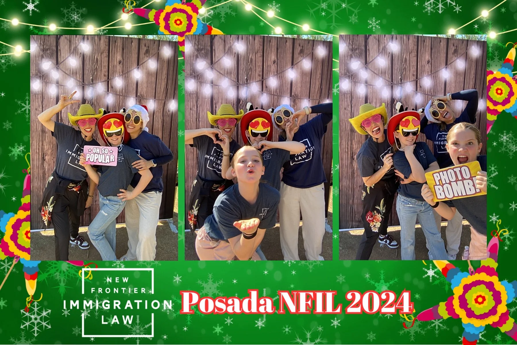 Group of five people in festive photo booth with fun props, holding signs, in front of a wooden backdrop. They are wearing sunglasses, hats, and playful accessories, with Christmas lights overhead. The border promotes 'Posada NFL 2024' and immigratio