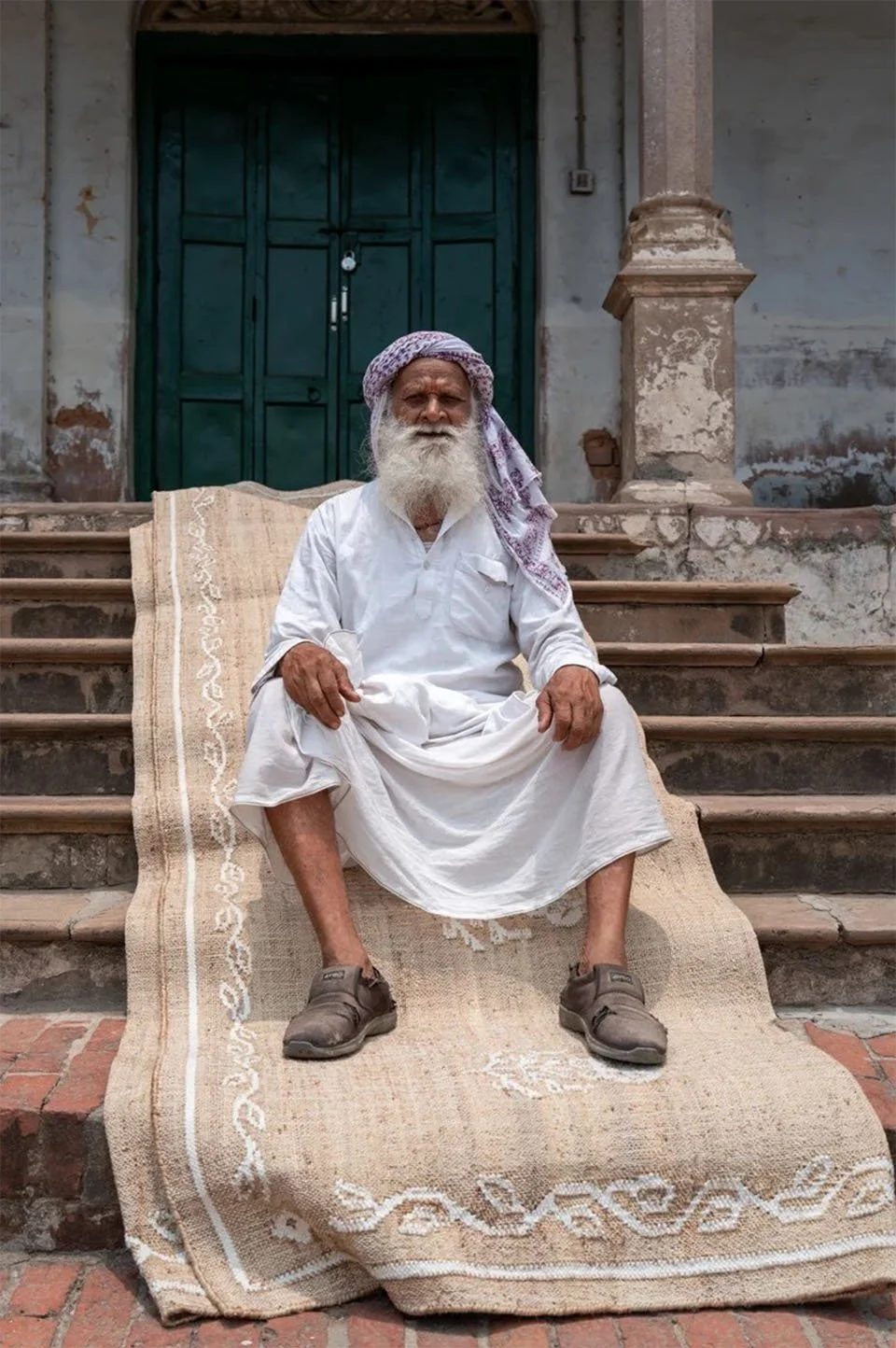 THE STORYTELLER’S THRONE
This portrait elevates the artisan to a figure of royalty. Seated upon his own creation on the ghats of the Ganges, he becomes a keeper of stories, connecting the human spirit to the craft.