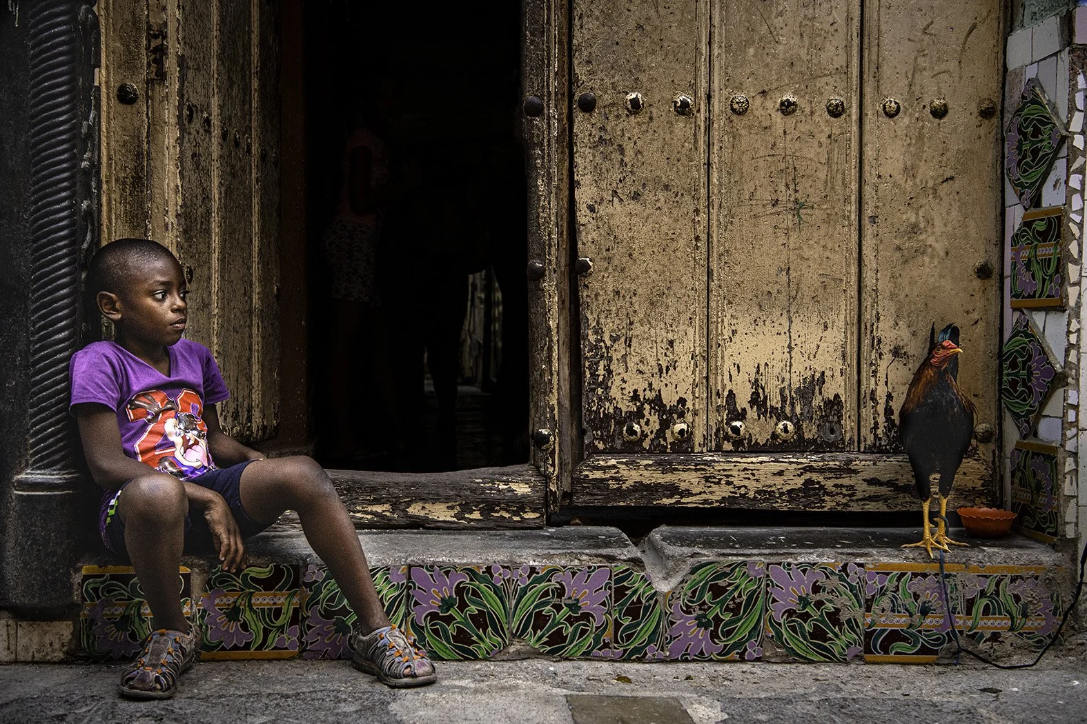 A young girl in a purple shirt and dark shorts sits on a step outside a weathered building, with an ornate colorful border at the bottom. To her right, a rooster stands near a small bowl.