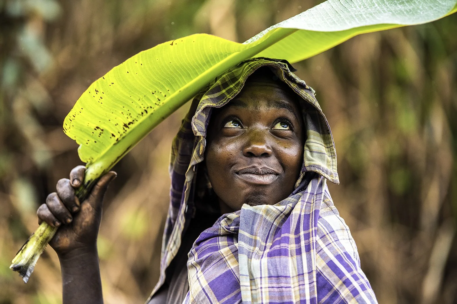 A person with dark skin carrying a large green leaf on their head and holding a stick, wearing a hooded plaid shirt, in a forested environment.