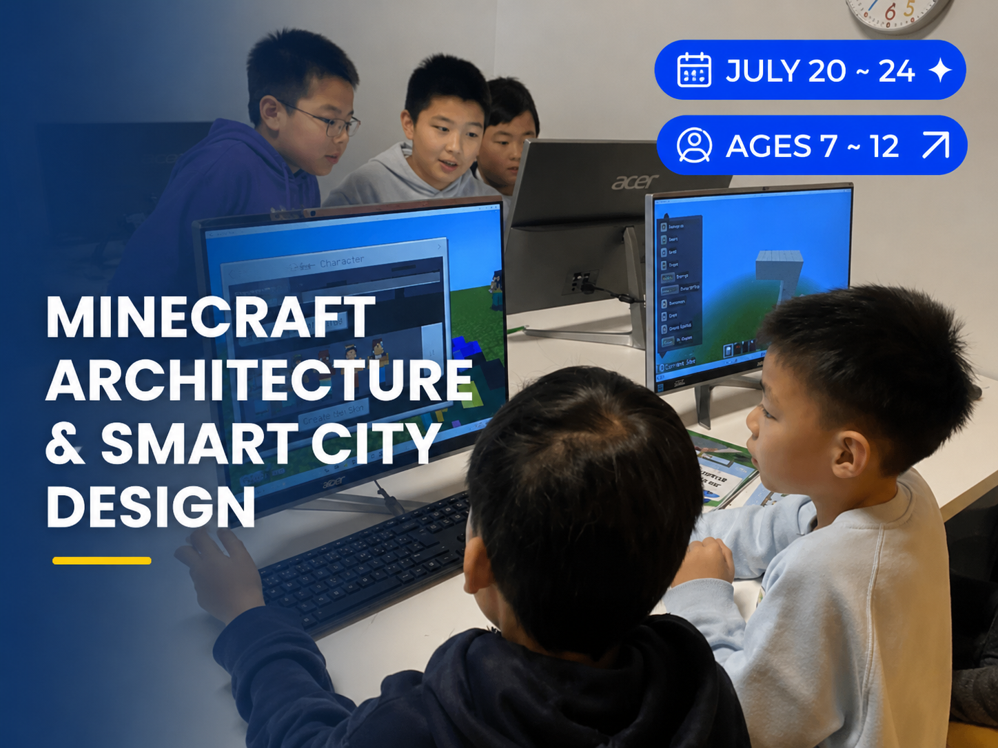 Students designing virtual cities with Minecraft Education at Minecraft Architecture & Smart City Design camp for ages 7–12 at Sparks Academy Vancouver