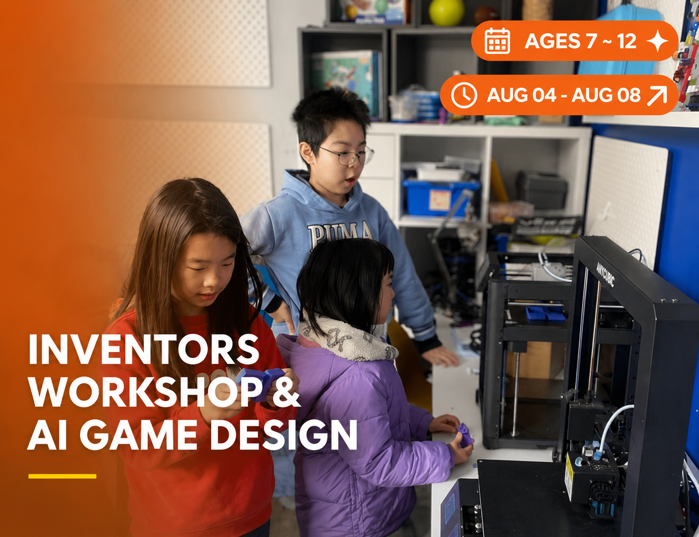 Students learning invention design and AI game development at Inventors Workshop camp for ages 7–12 at Sparks Academy Vancouver