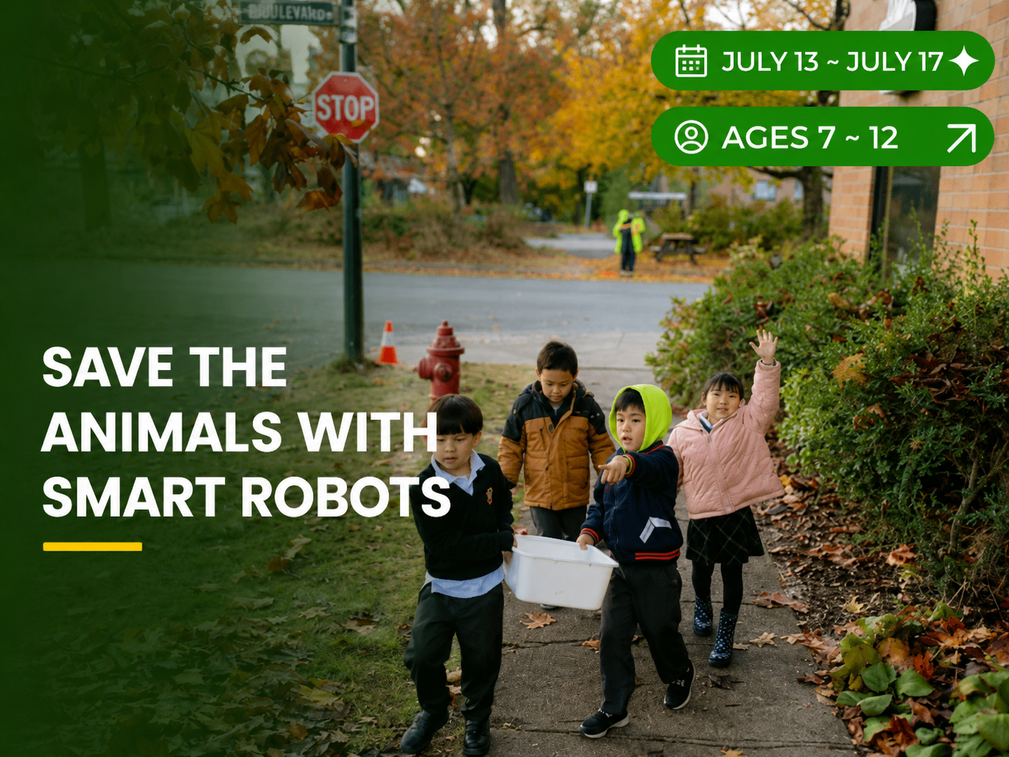 Children using robotics to solve environmental challenges at Save the Animals with Smart Robots camp for ages 7–12 at Sparks Academy Vancouver