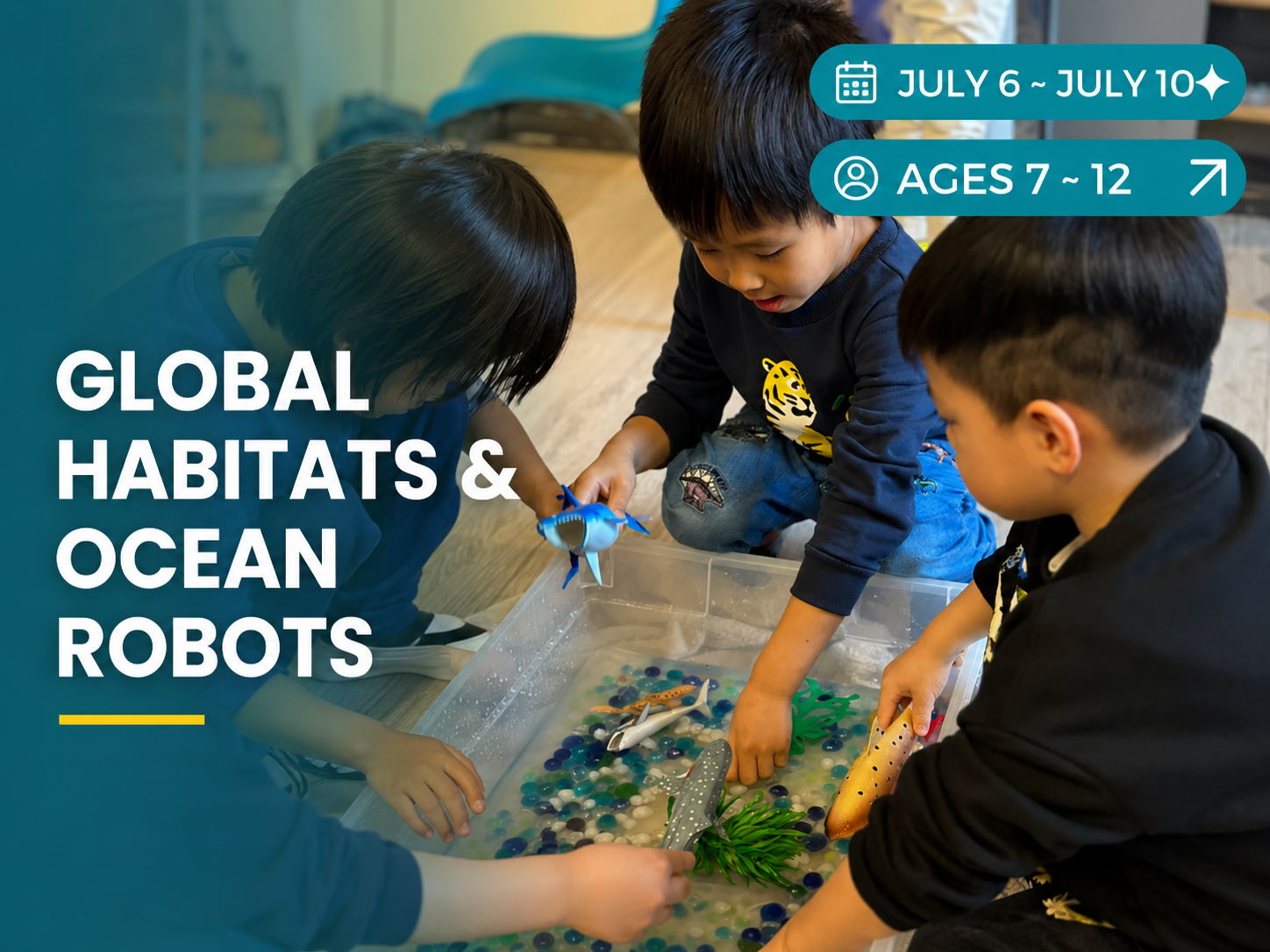 Students investigating ocean habitats and building robots at Global Habitats & Ocean Robots camp for ages 7–12 at Sparks Academy Vancouver