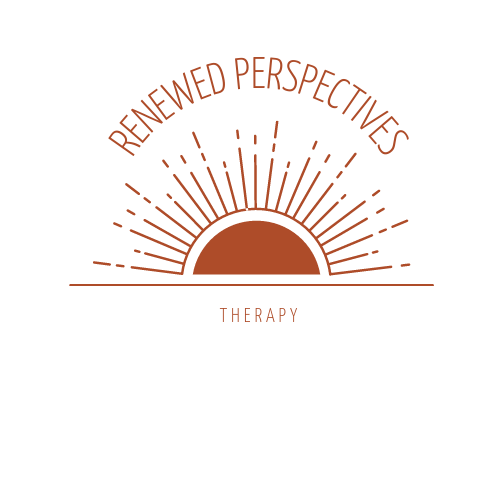 Logo with stylized sunrise over horizon and the text 'Renewed Perspectives Therapy' in a circular arrangement.