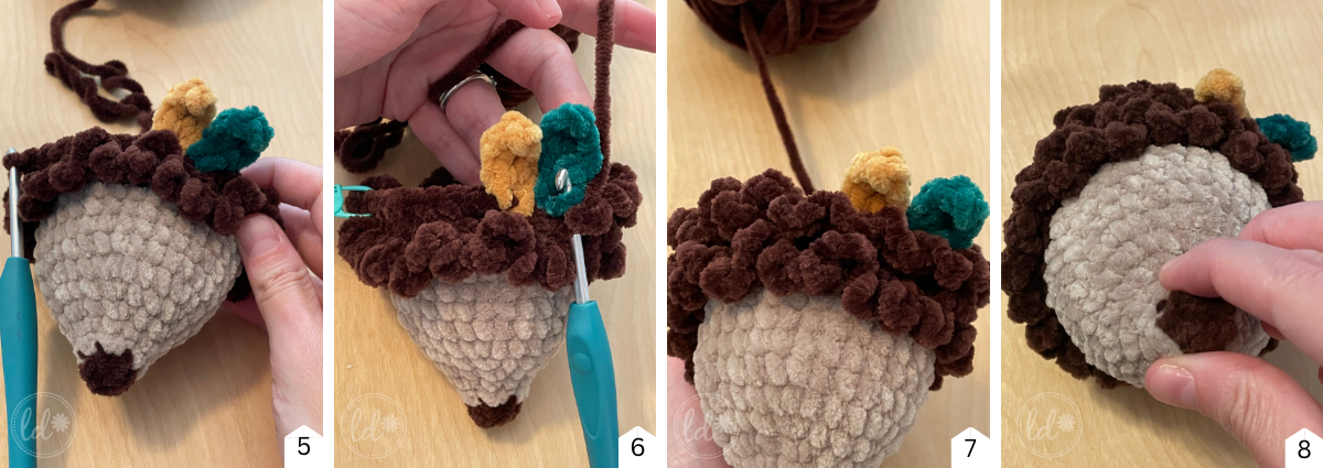 step by step picture tutorial of free acorn crochet decor