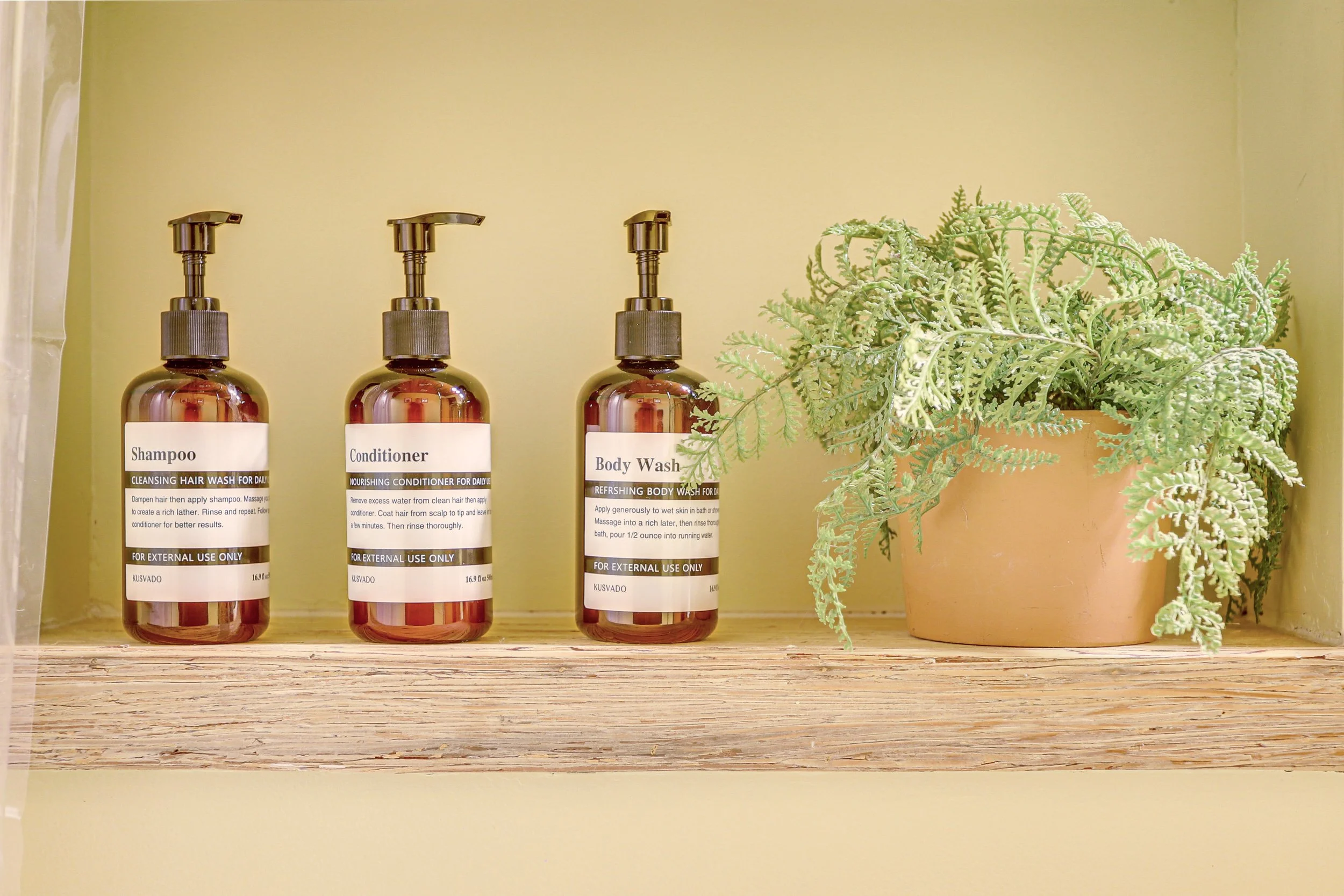 Natural body wash, shampoo, conditioner and lotion are featured throughout the house. 