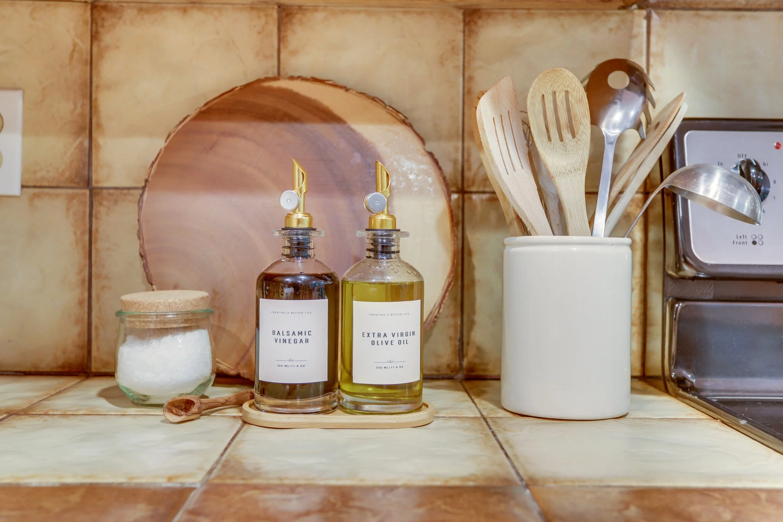 Quality basics include oils, salt and pepper, honey, cinnamon, sugar, and natural hand and dish soap.
