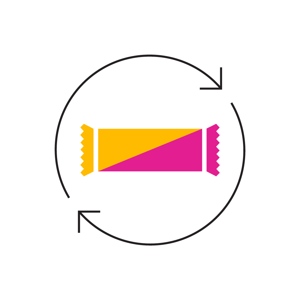 Diagram illustrating a pencil with two colors, orange and pink, inside a circular arrow indicating a recycling or repeating process.