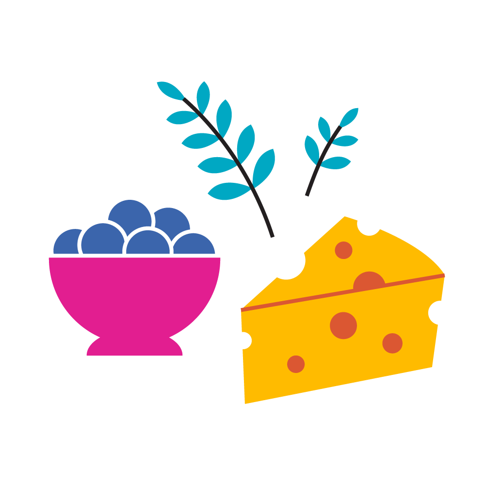 Illustration of a pink bowl filled with blueberries, two green leafy sprigs, and a wedge of yellow cheese with orange holes.