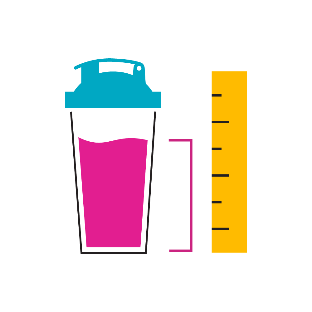 A measuring glass filled with pink liquid, a yellow ruler next to it for scale, and a blue lid on top.