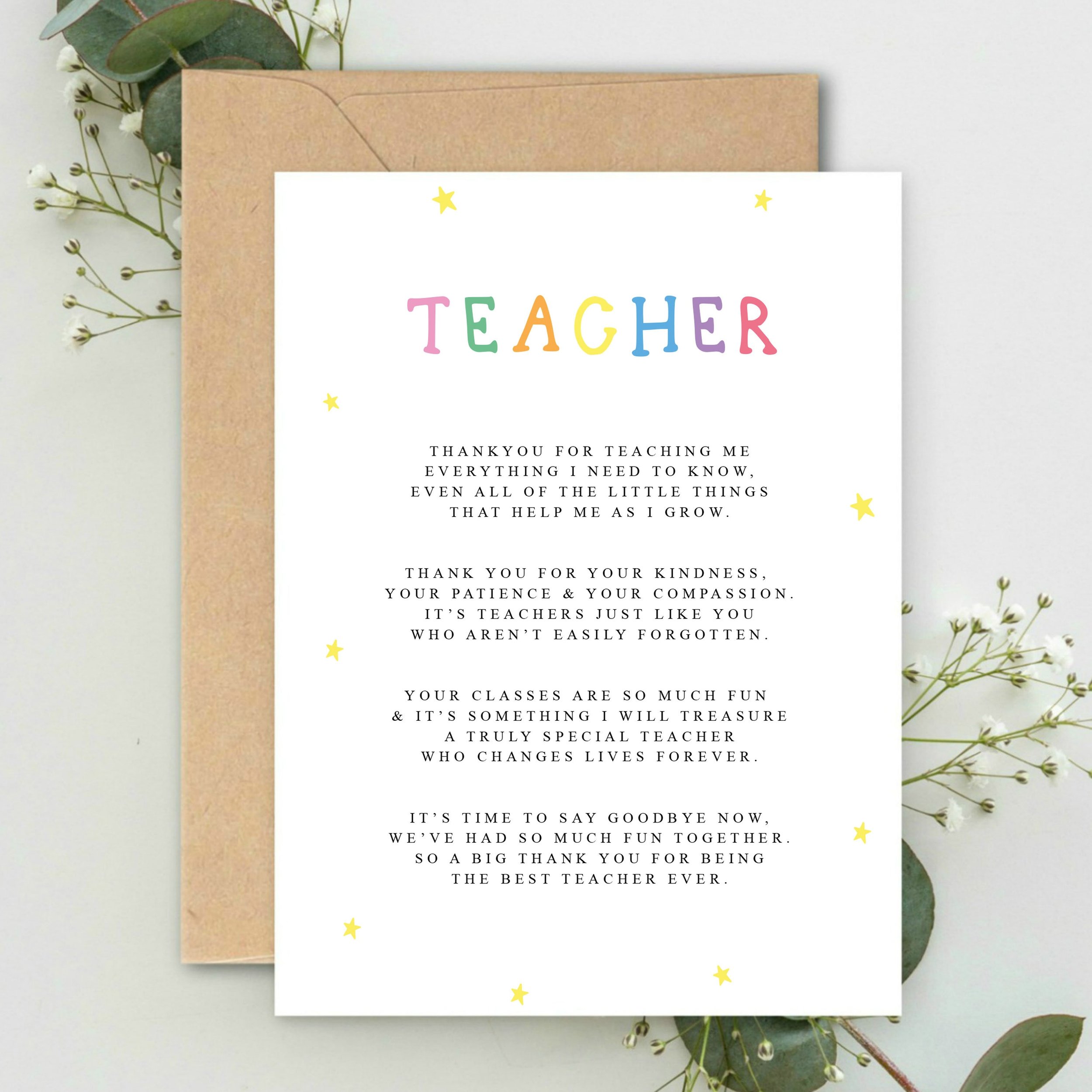 Thankyou for being my Teacher Poem A5 Card & Kraft envelope, Card for Teacher, Thankyou Teacher Card, End of Term Card, School Leaver Card,