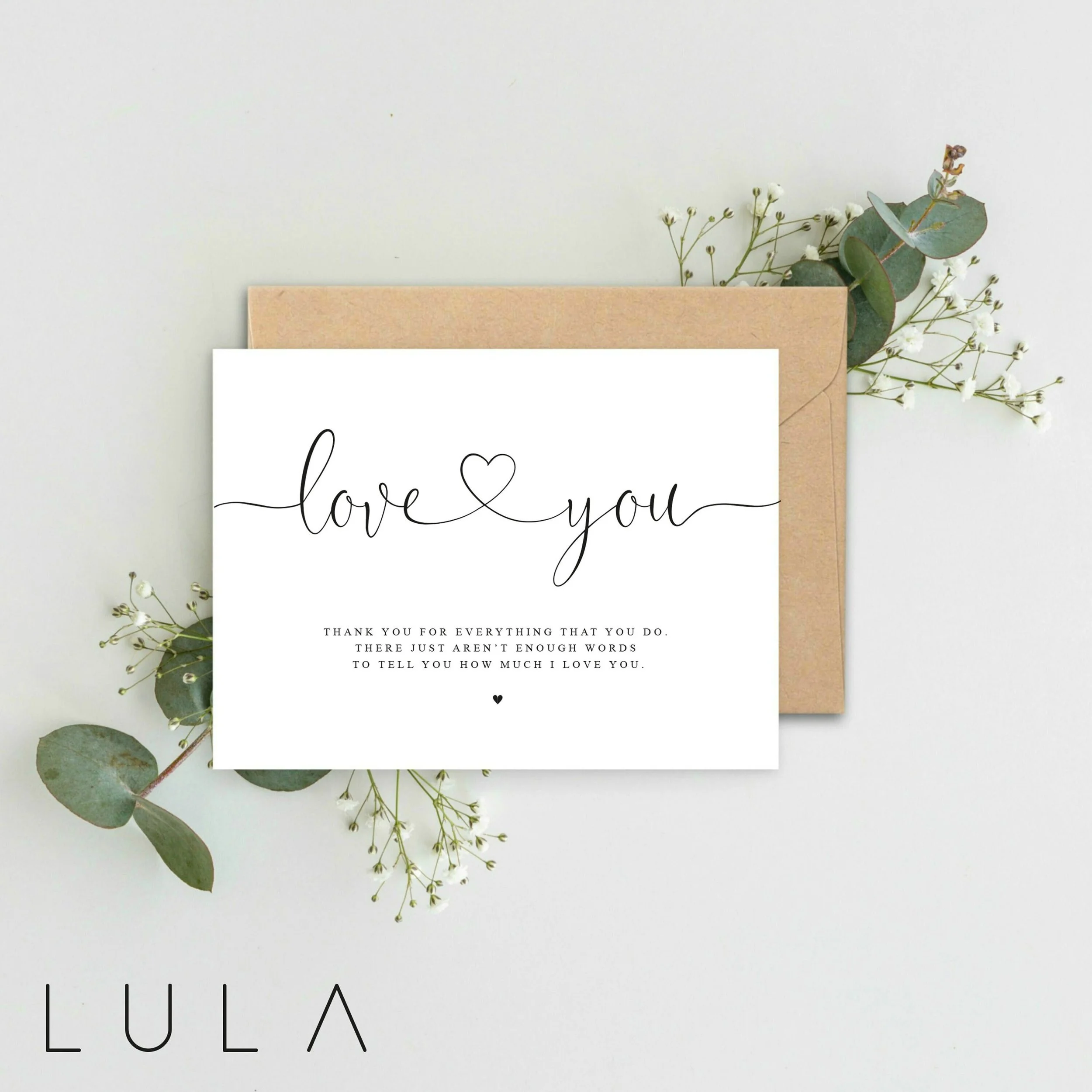 Love You Valentines Minimalistic A5 Card with envelope, Black and White Valentines Card, Thank you for everything you do I love You Card
