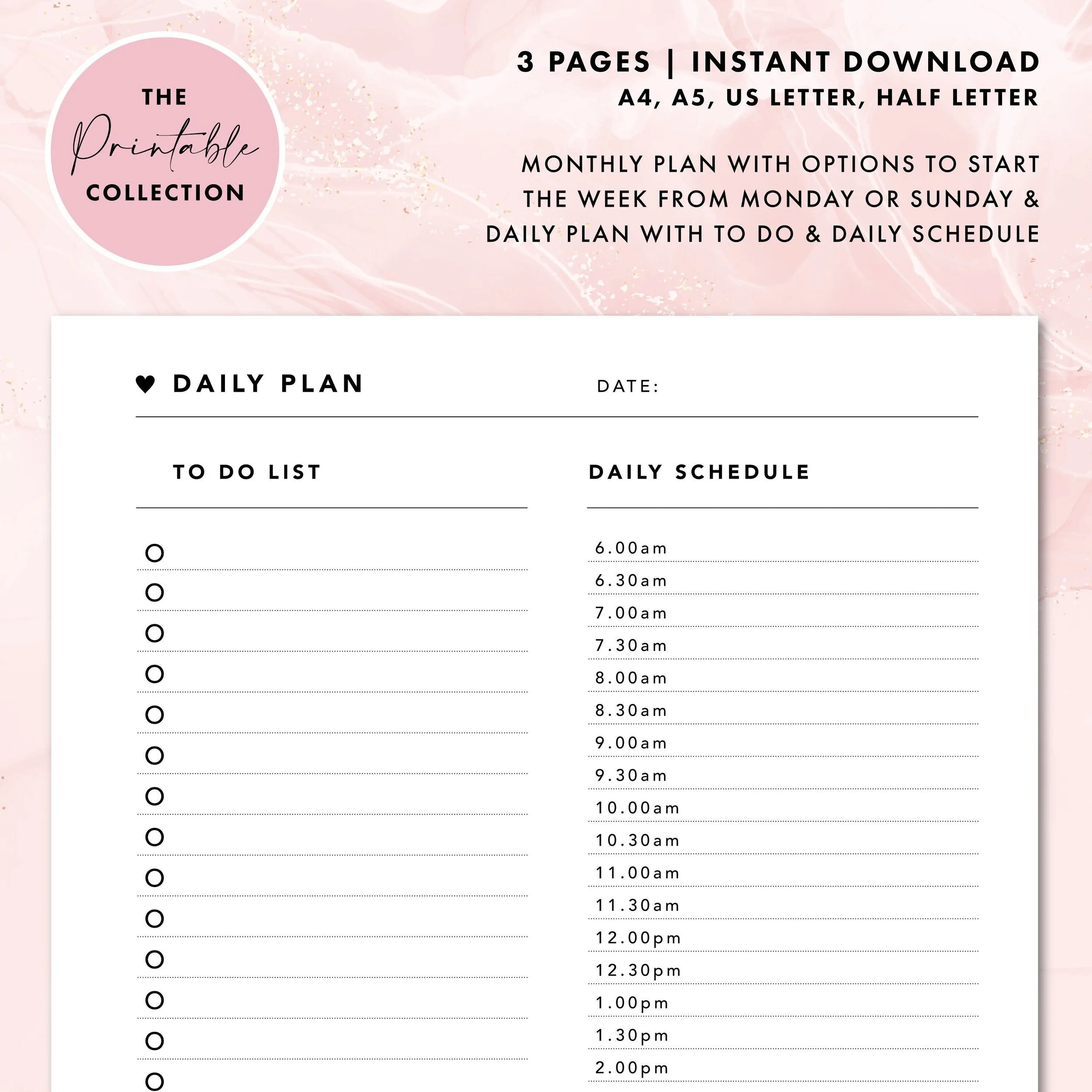 Monthly & Daily Plan Printable Pages 3 page DIGITAL DOWNLOAD, Home Stationery, Instant Download, Heart planner Inserts, Life Organisation