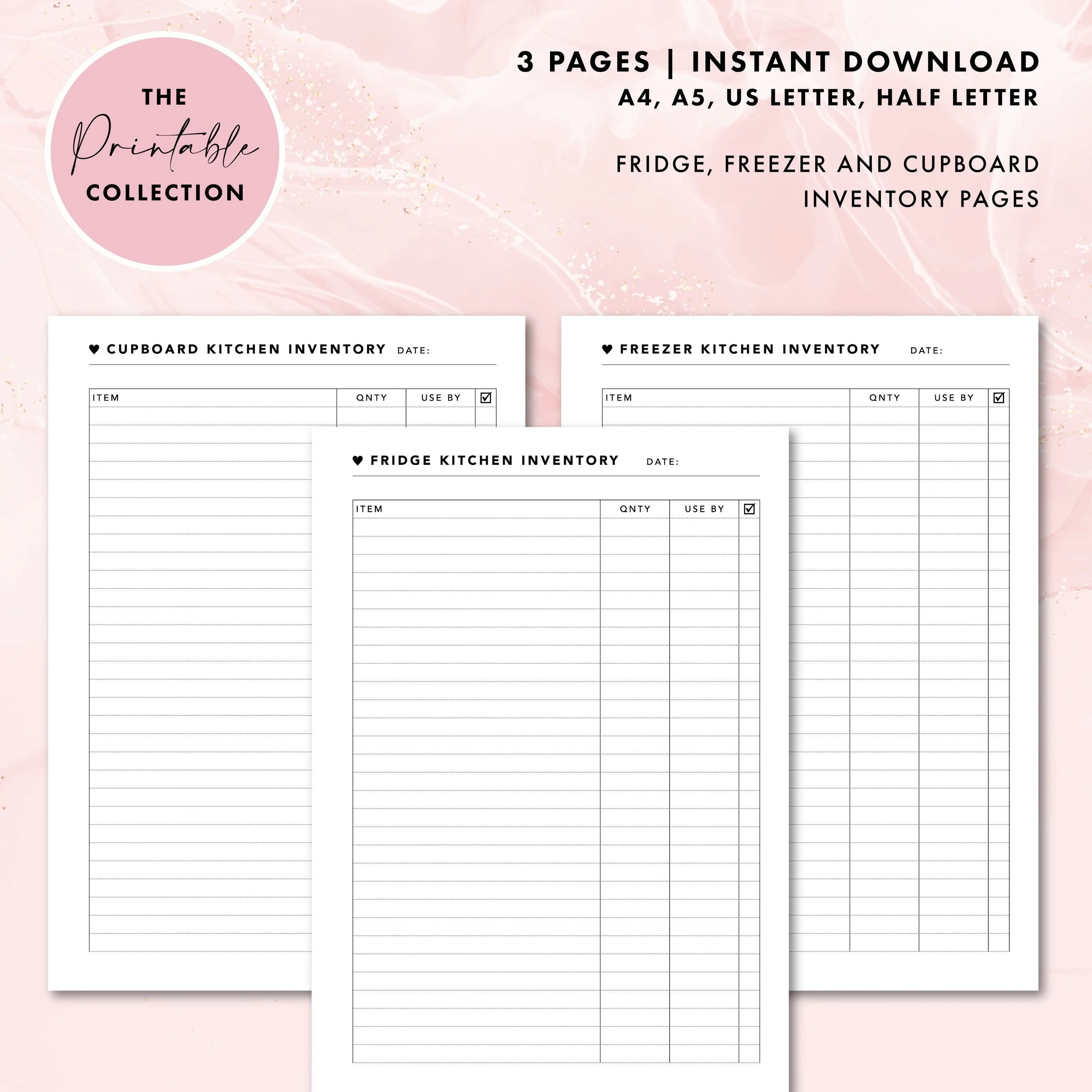 Kitchen Inventory 3 page DIGITAL DOWNLOAD, Home Stationery, Instant Printable Meal Planner, Heart planner Inserts, Kitchen Organisation