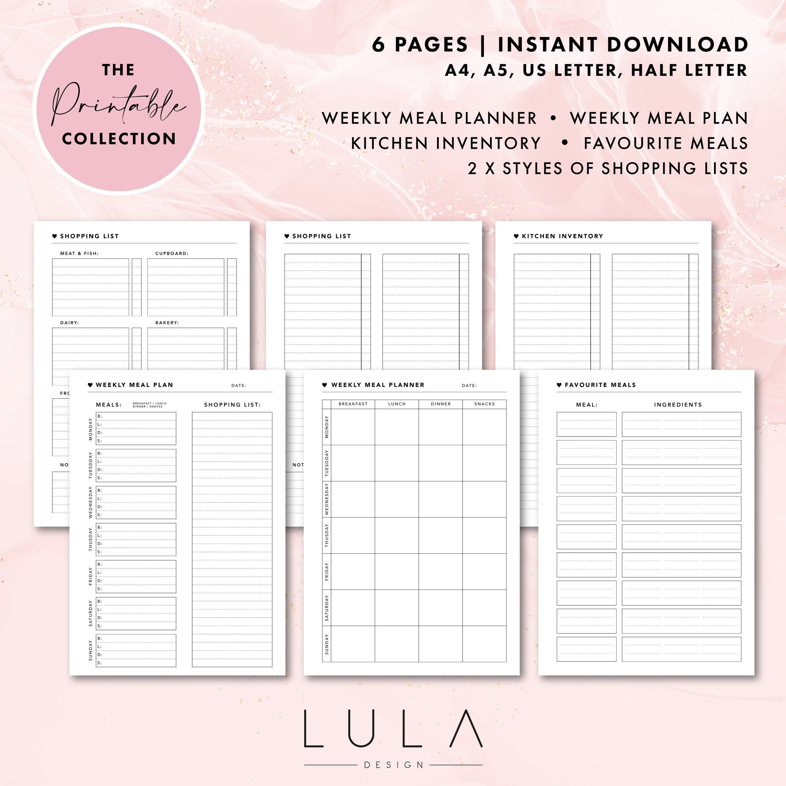 6 page Weekly Meal Planner DIGITAL DOWNLOAD, Home Stationery, Instant Printable Planner, Heart planner Inserts, Meal Plans, Shopping List