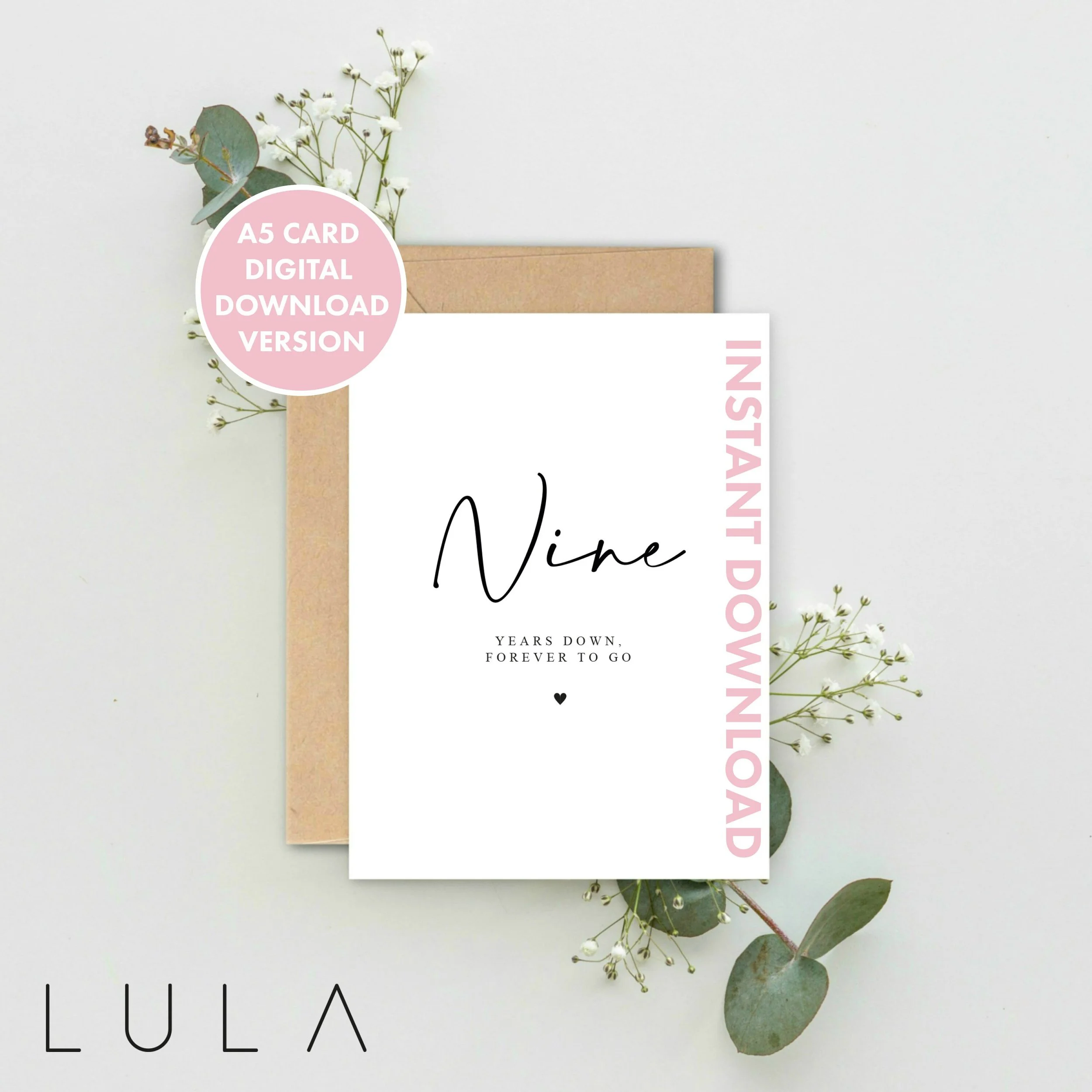 Nine years Down, Forever to go A5 Card with envelope, Valentines Card, Nine Year Anniversary Card, Valentines Gift, 9th year Anniversary