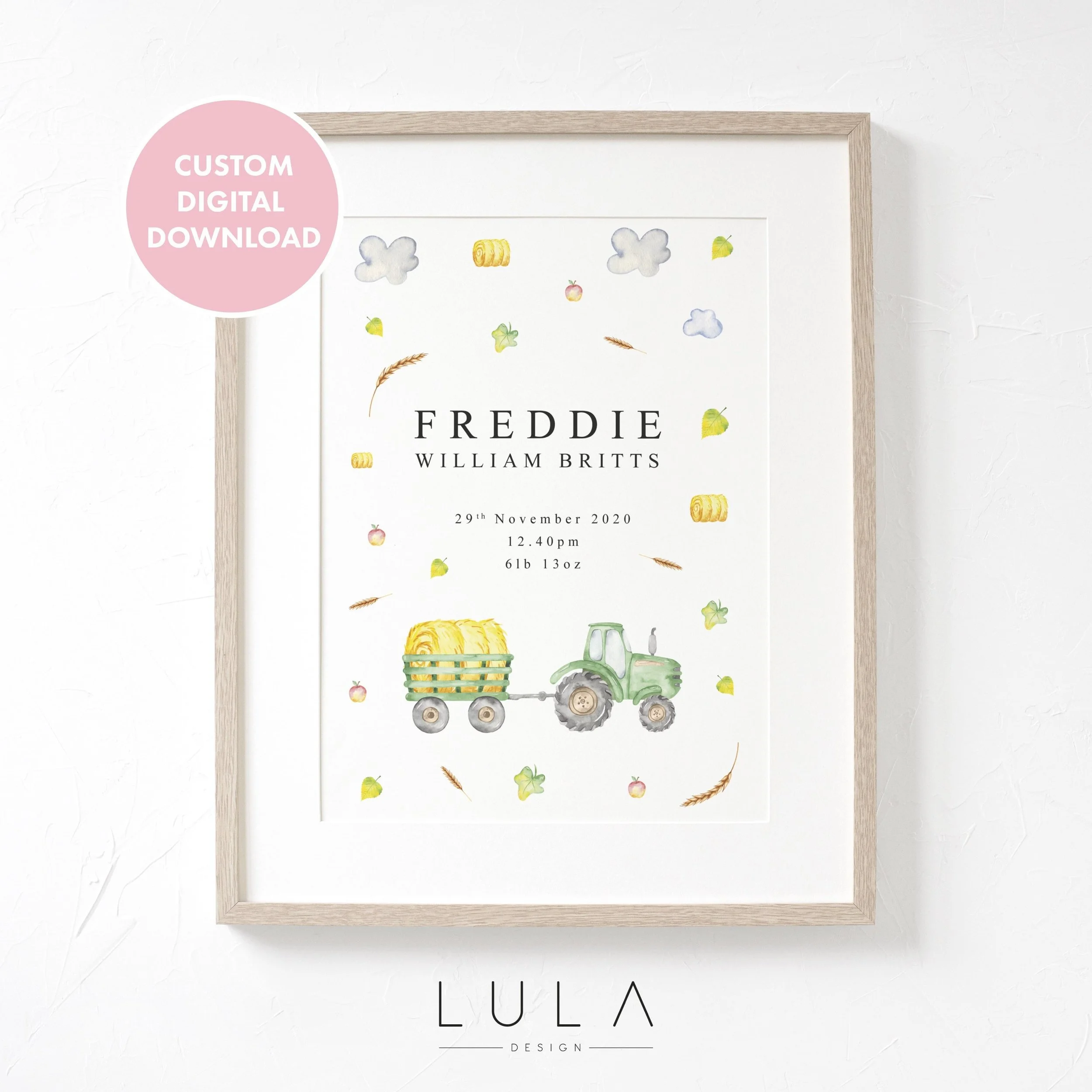 Tractor Farm Baby Boy Birth Nursery Print, New Baby Gift, Personalised Baby Print, Keepsake Gift, Birth Details Print, Baby Shower Gift