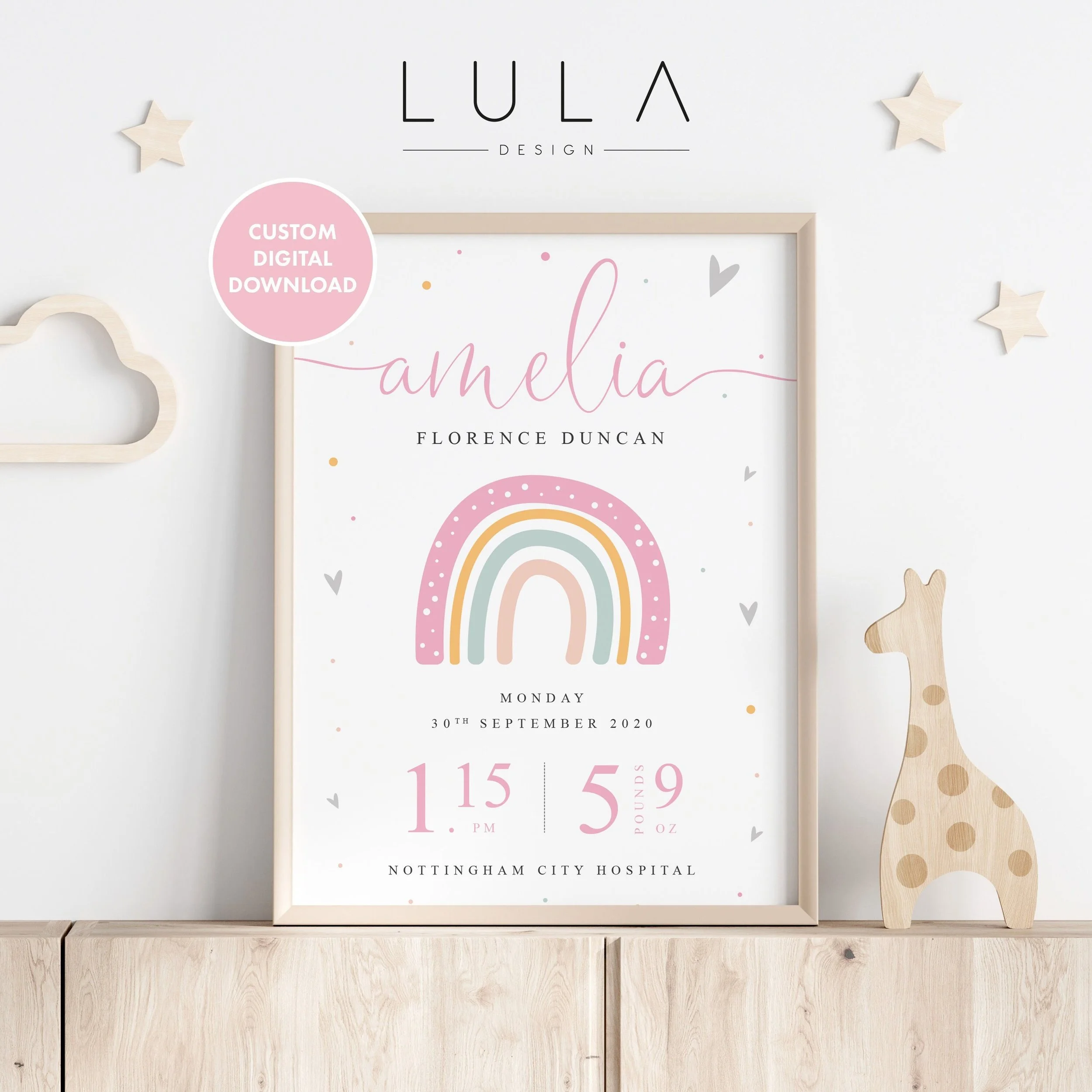 DIGITAL DOWNLOAD Rainbow Girls Birth Nursery Print, New Rainbow Baby Gift, Personalised Baby Print, Keepsake Gift, Birth Details Print
