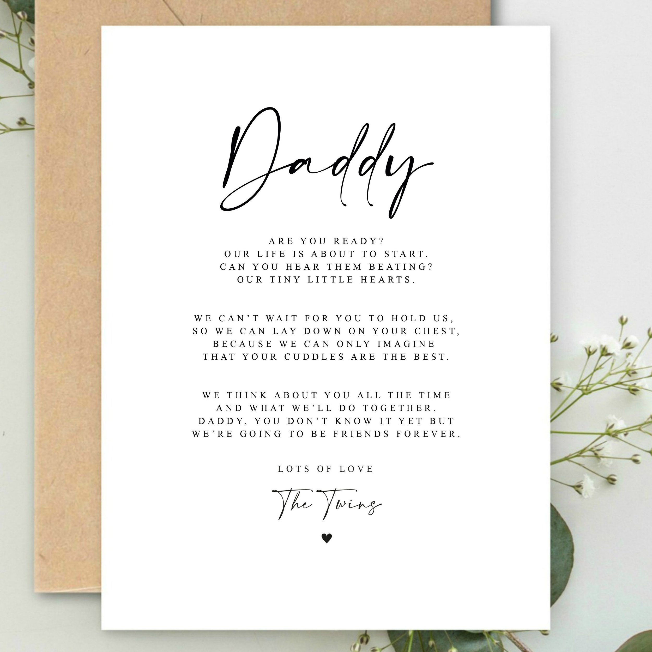 Daddy to be Poem Pregnancy Announcement FROM TWINS A5 Card with envelope, Father's Day Card, Pregnancy Reveal, Daddy to be love Bump