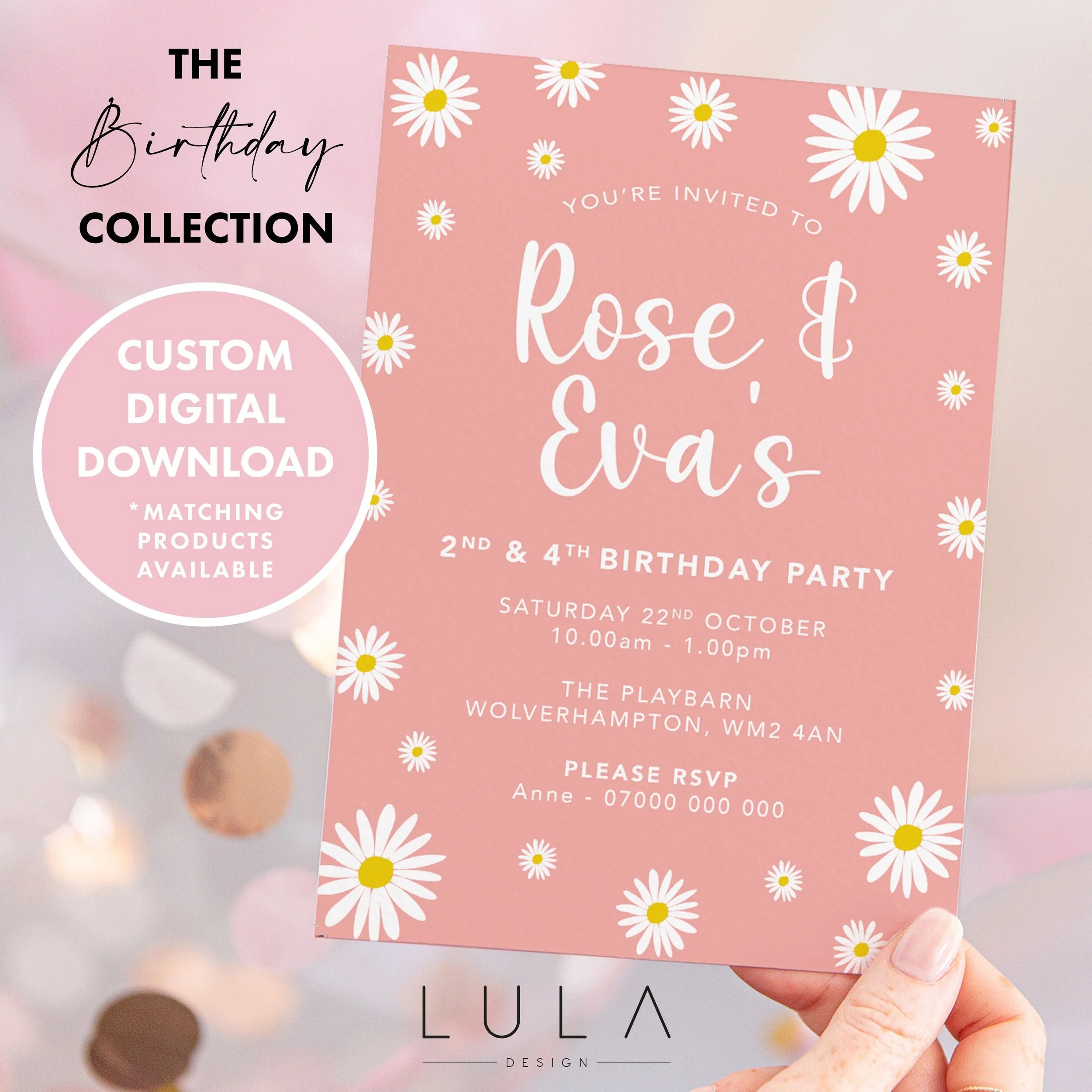 PERSONALISED Joint Daisy Flower Birthday Invitation DIGITAL DOWNLOAD, Joint Birthday Party Invite, Girls Personalised Birthday Invitation