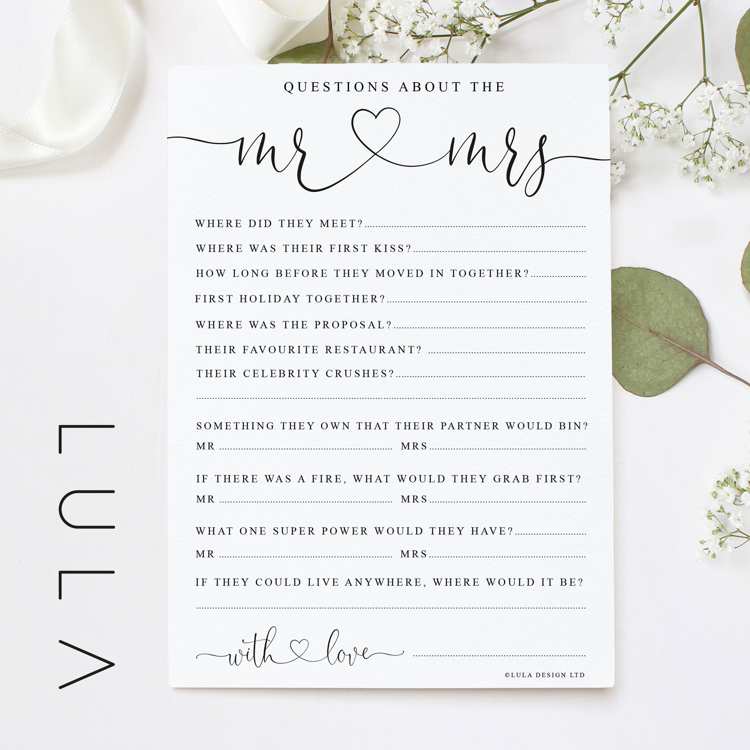 Questions about the Mr & Mrs Printed A5 Cards, Hen Do Bridal Party Game, A5 Wedding Party Game, Wedding Guest Game, Wedding Guest Answers