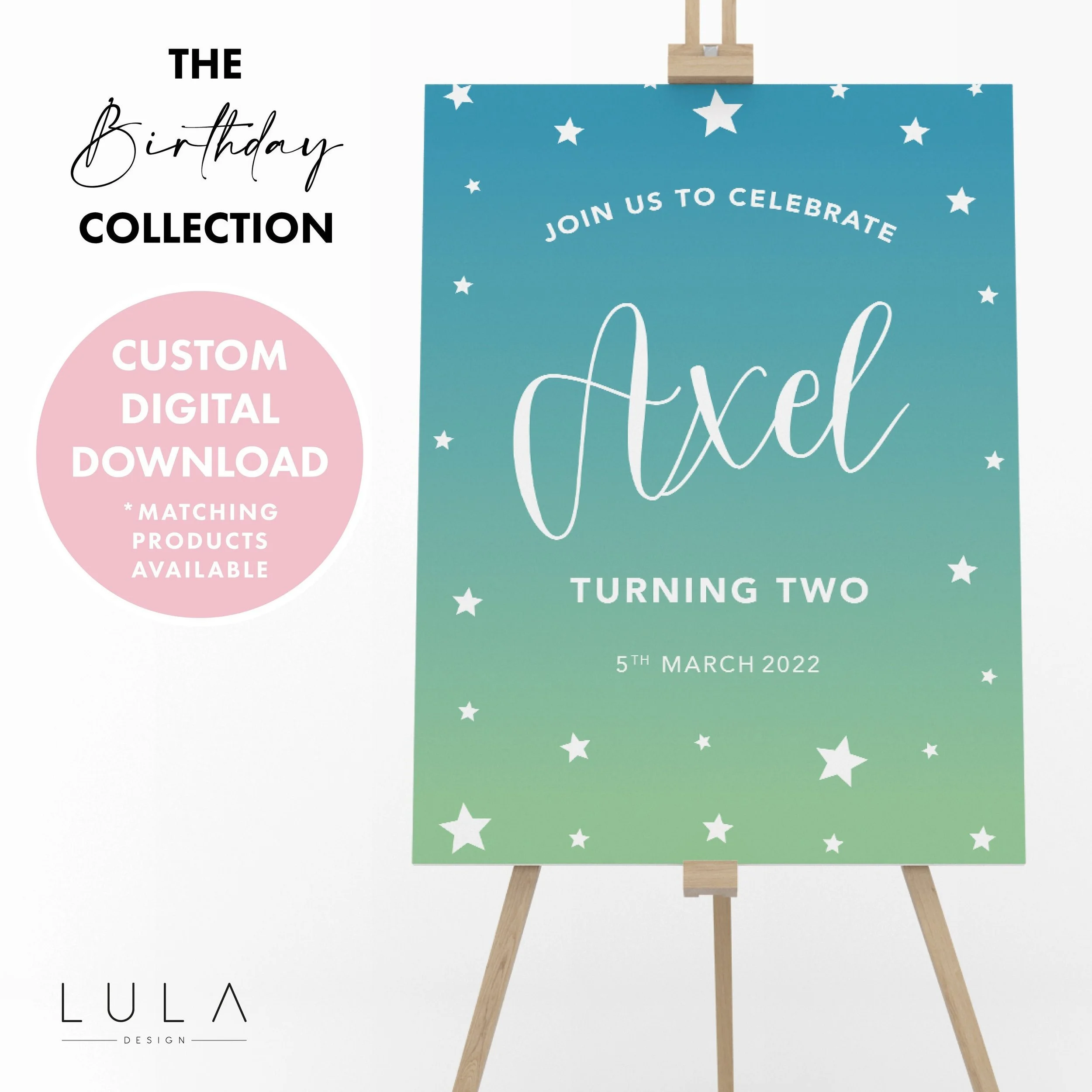 PERSONALISED Birthday Sign Blue Green Ombre white Stars DIGITAL DOWNLOAD, Boys Party Welcome Sign, Birthday Party Personalised Sign