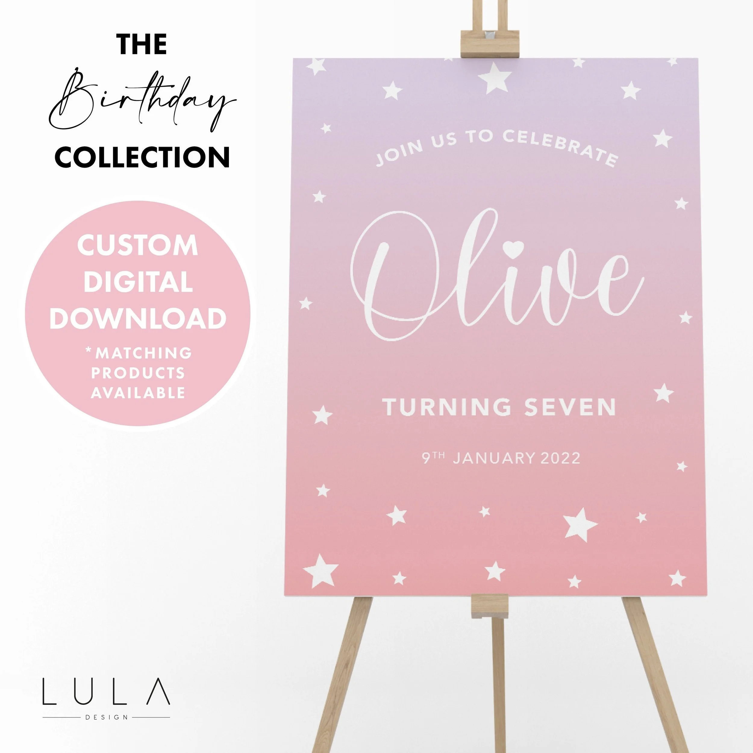 PERSONALISED Birthday Sign Pink Purple Ombre white Stars DIGITAL DOWNLOAD, Party Welcome Sign, Birthday Party Personalised Sign