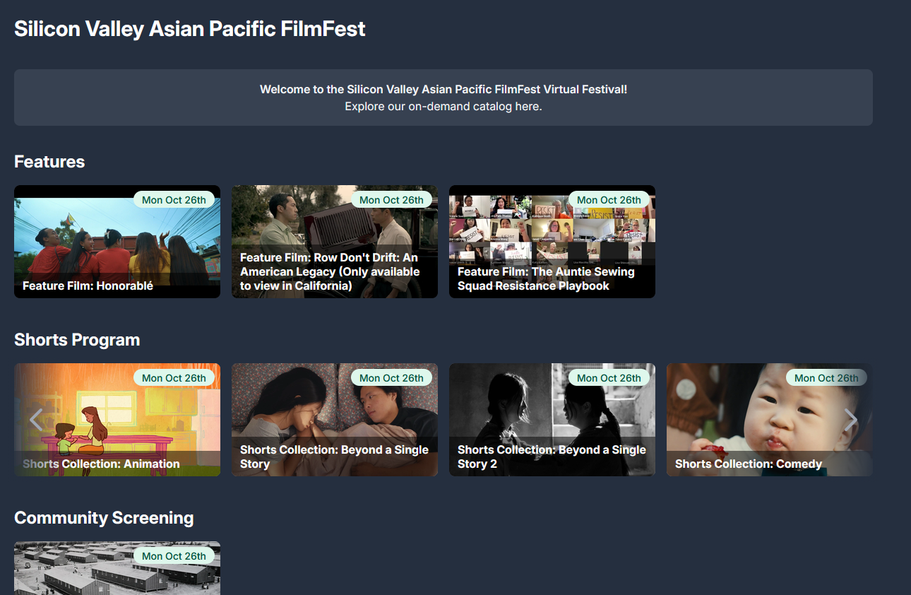 Screenshot of the Silicon Valley Asian Pacific Film Fest website featuring sections for Features, Shorts Program, and Community Screening, with various film thumbnails and labels.