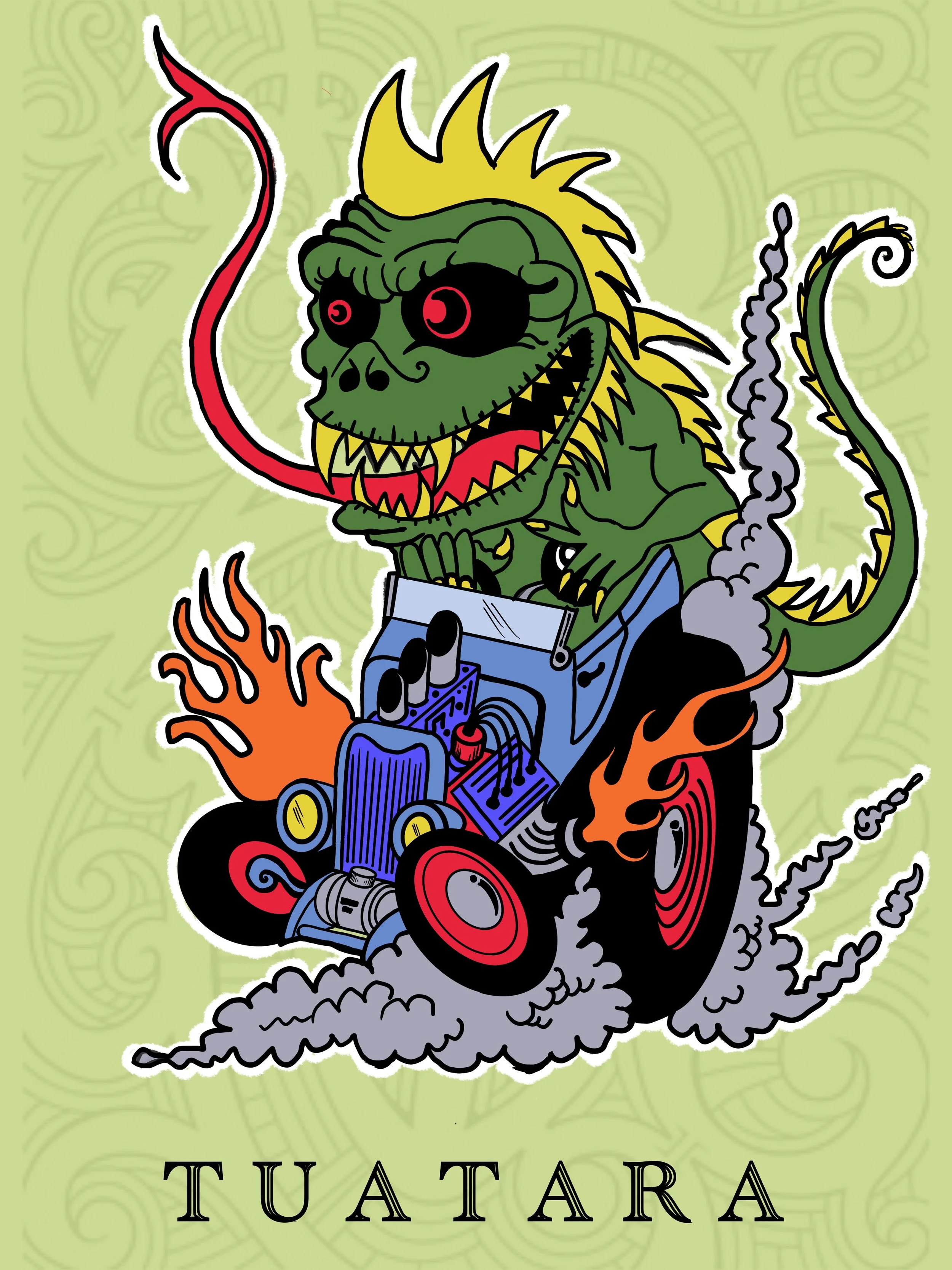 A cartoon image of a green creature with a skull-like face, sharp teeth, red eyes, and yellow spiky hair. It has a long red tongue, a spider-like tail, and is riding a blue hot rod with flames and exhaust smoke. The background is a light green color 