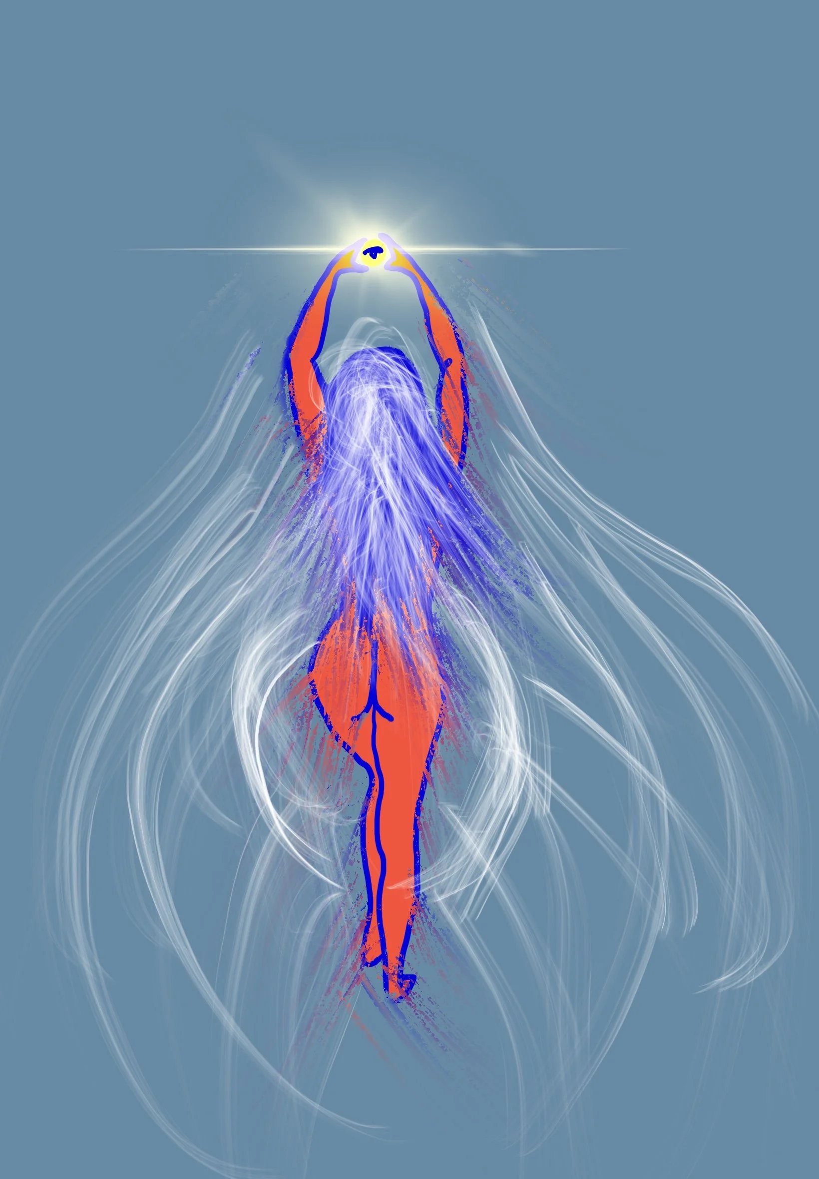 An abstract digital artwork depicting a figure with outstretched arms reaching towards a bright light in the sky, surrounded by flowing, luminous lines in blue, white, and red colors, against a muted blue background.
