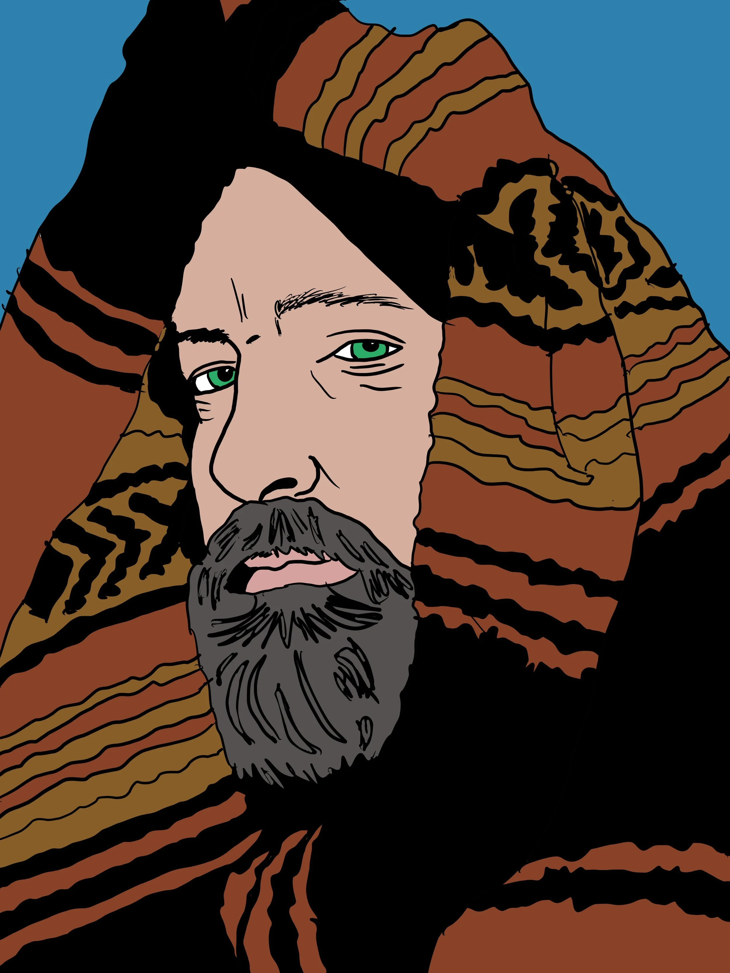 Digital illustration of a man with a gray beard and green eyes, partially covered with a multicolored striped scarf, against a blue background.