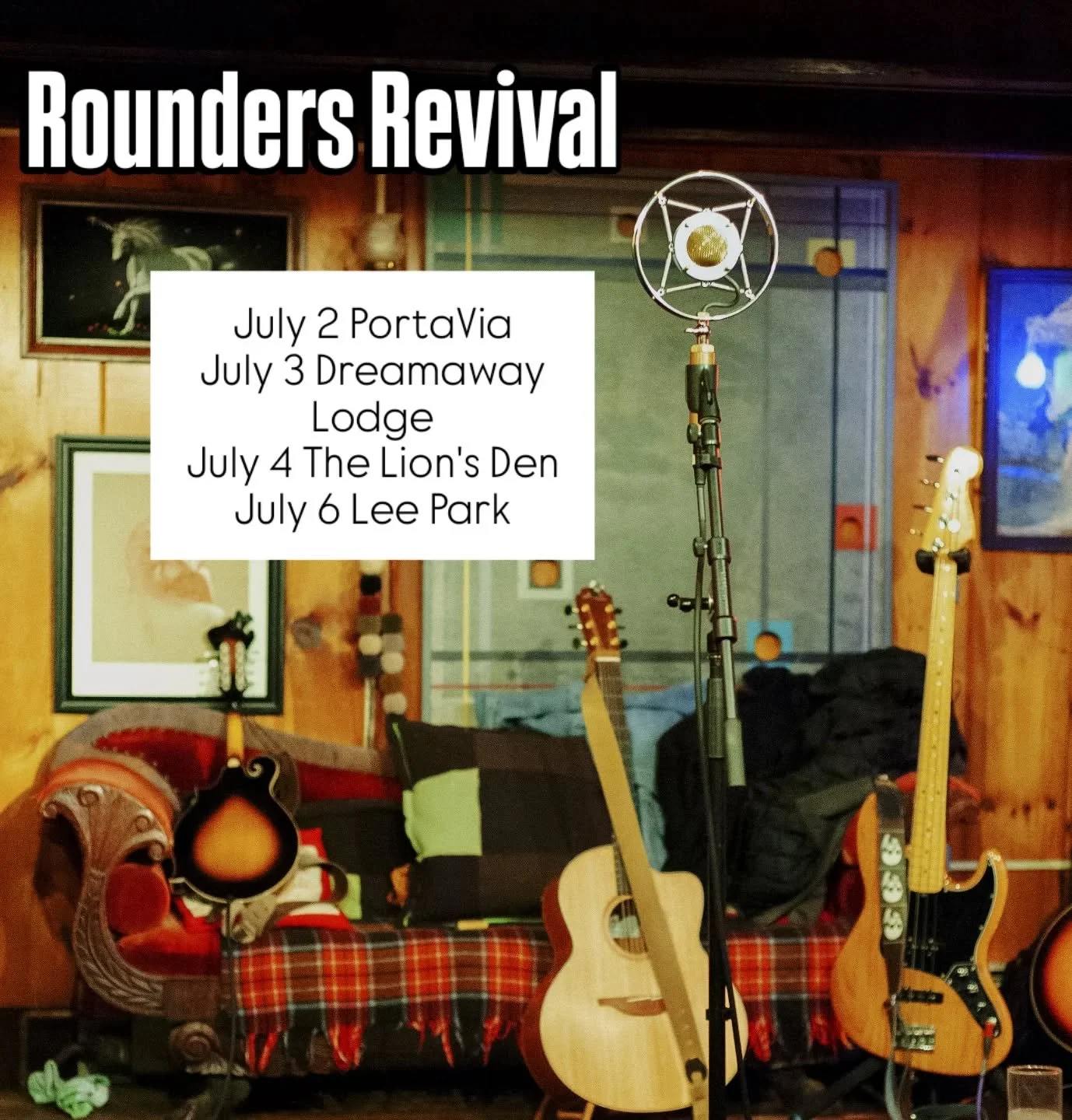 Come spend your holiday week with the Rounders!

Wednesday 7/2 @portavia_dalton Dalton 6-8pm
Thursday 7/3 @thedreamawaylodge Becket 7-9pm
Friday 7/4 @rlilionsden Stockbridge 7-10pm
Sunday 7/6 Music in the Park, Lee 12:30-1:30pm (shared bill with our 