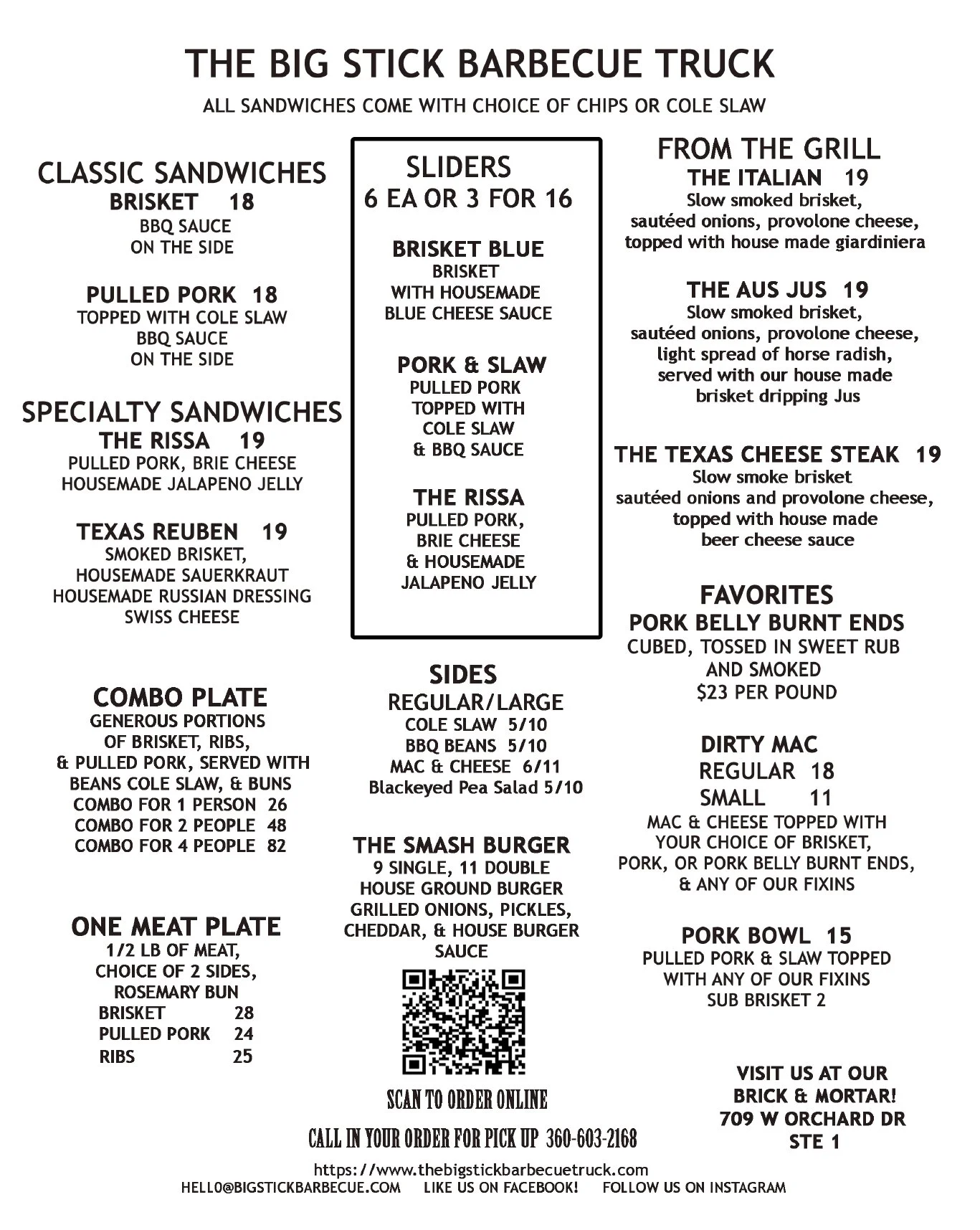 Menu for The Big Stick Barbecue Truck, featuring sandwiches, sliders, sides, and burgers, with descriptions and prices.