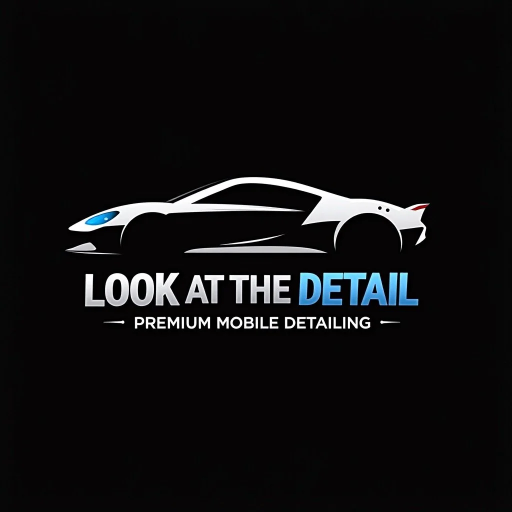 An illustration of a sleek black and white sports car with blue headlights and a red tail on a black background, with the text "LOOK AT THE DETAIL" and "PREMIUM MOBILE DETAILING".