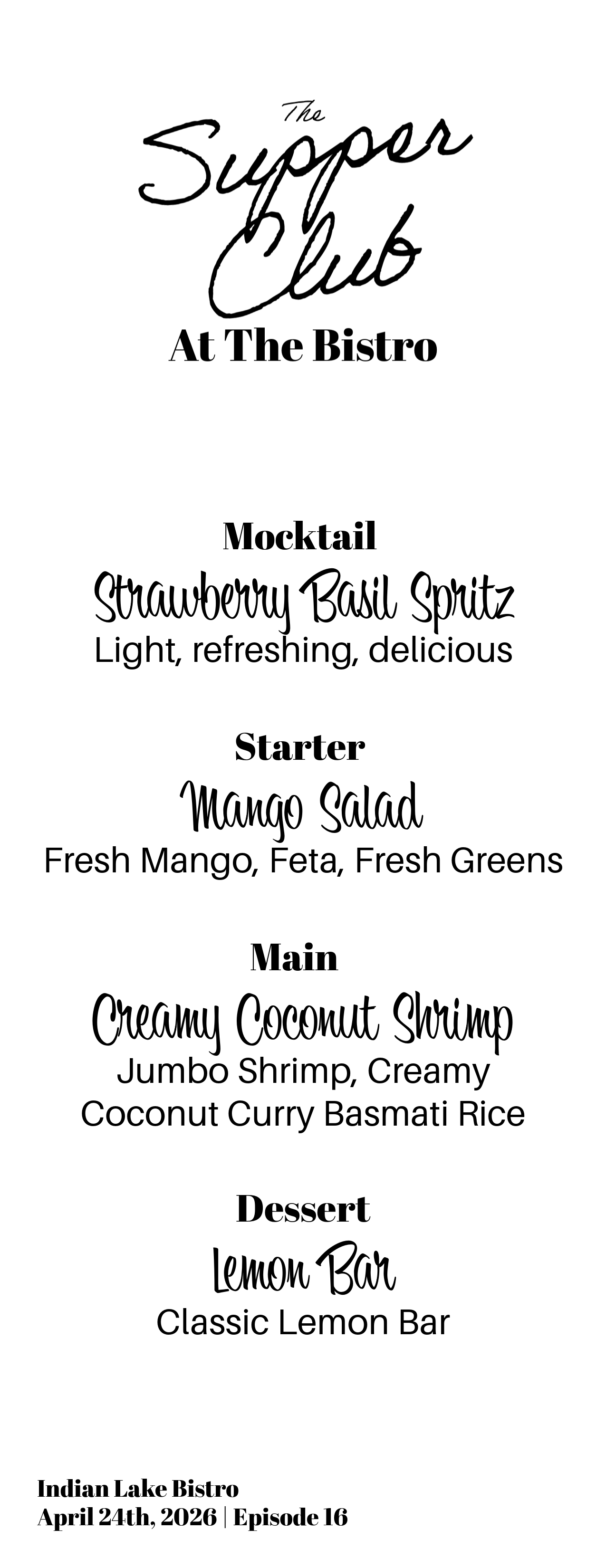 Menu for our exclusive supper club