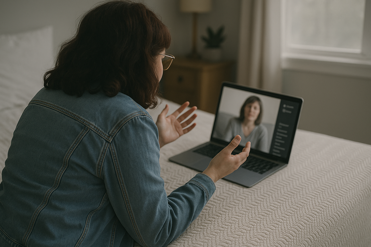 Woman speaks to therapist through online video call.
